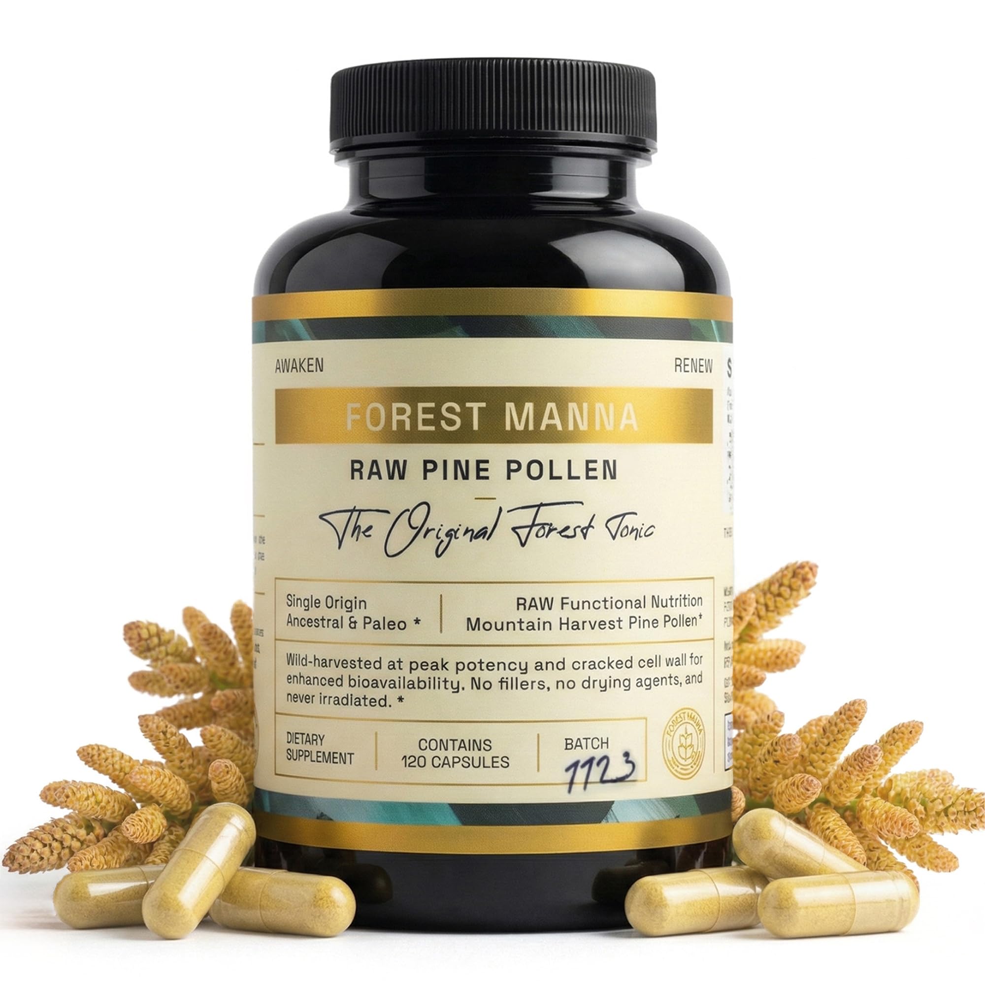 Forest Manna de RAW Forest Foods: botella de cápsulas lista para uso diario