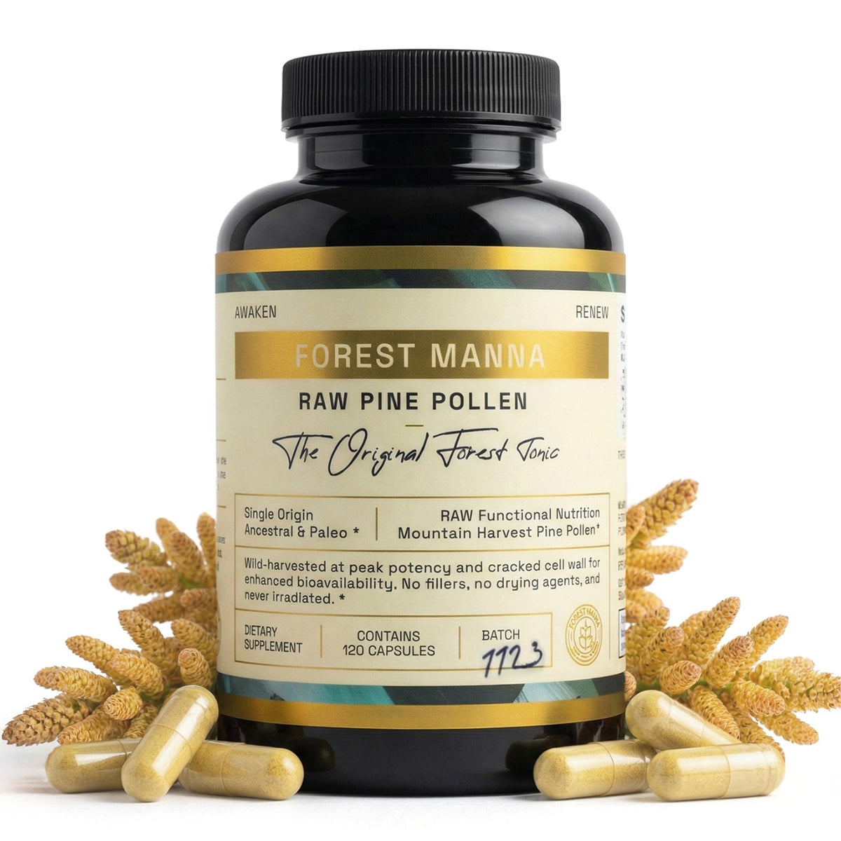 Forest Manna de RAW Forest Foods: botella de cápsulas lista para uso diario