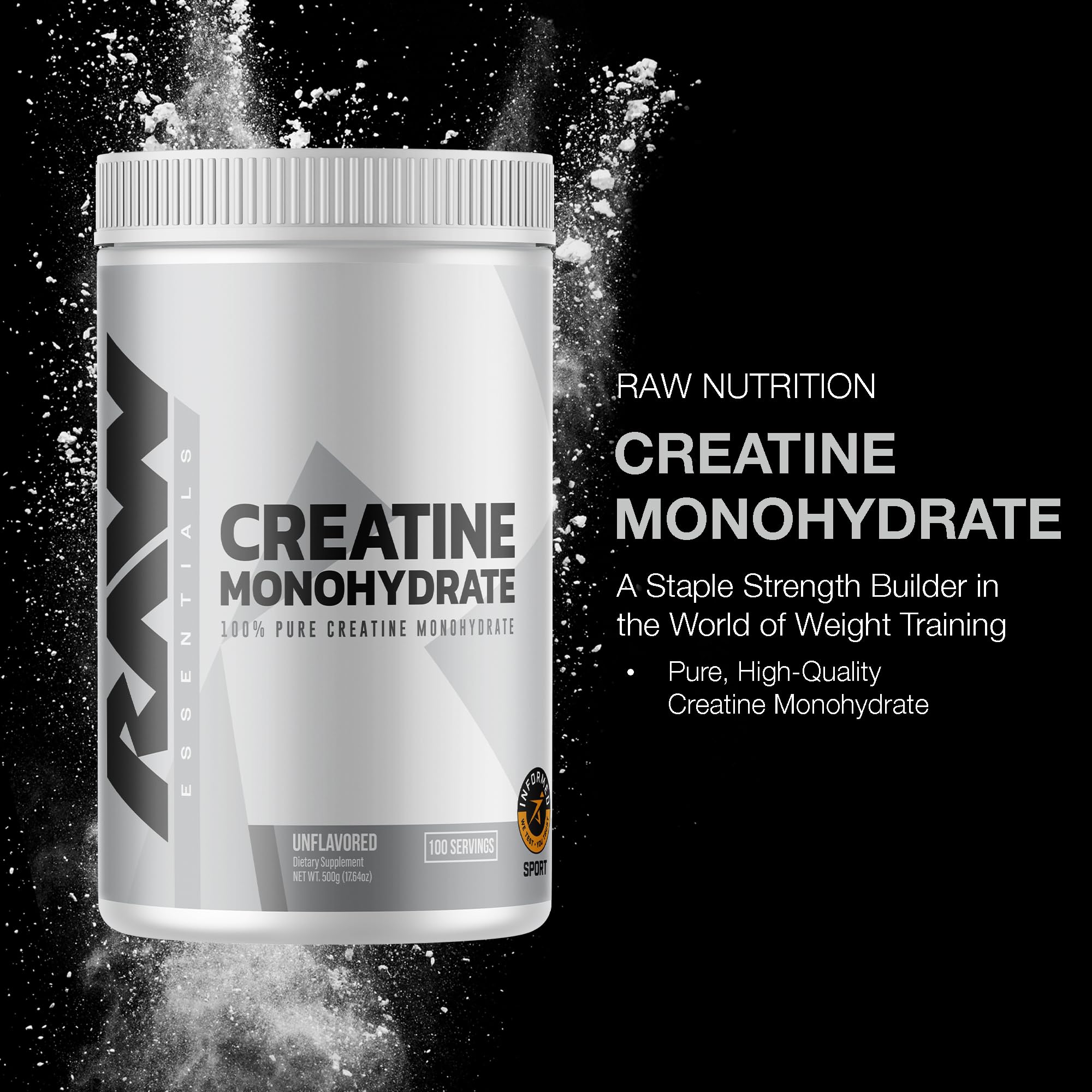 RAW Nutrition envase de creatina monohidratada sin sabor, 100 porciones