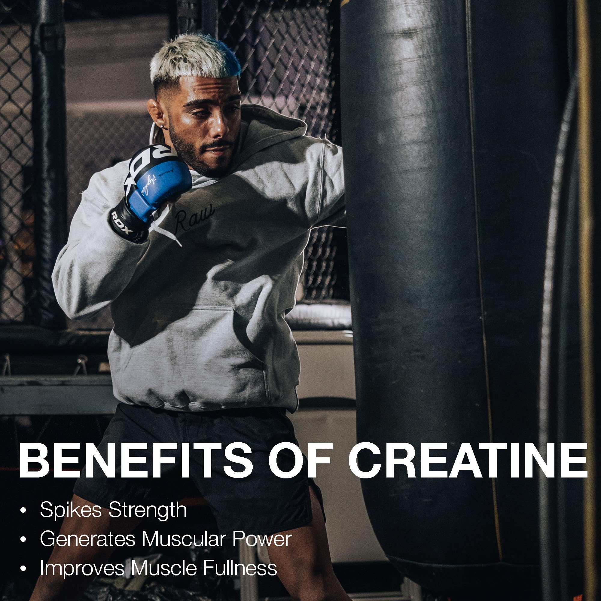 RAW Nutrition Creatina Monohidrato, etiqueta clara para control de ingredientes y pureza