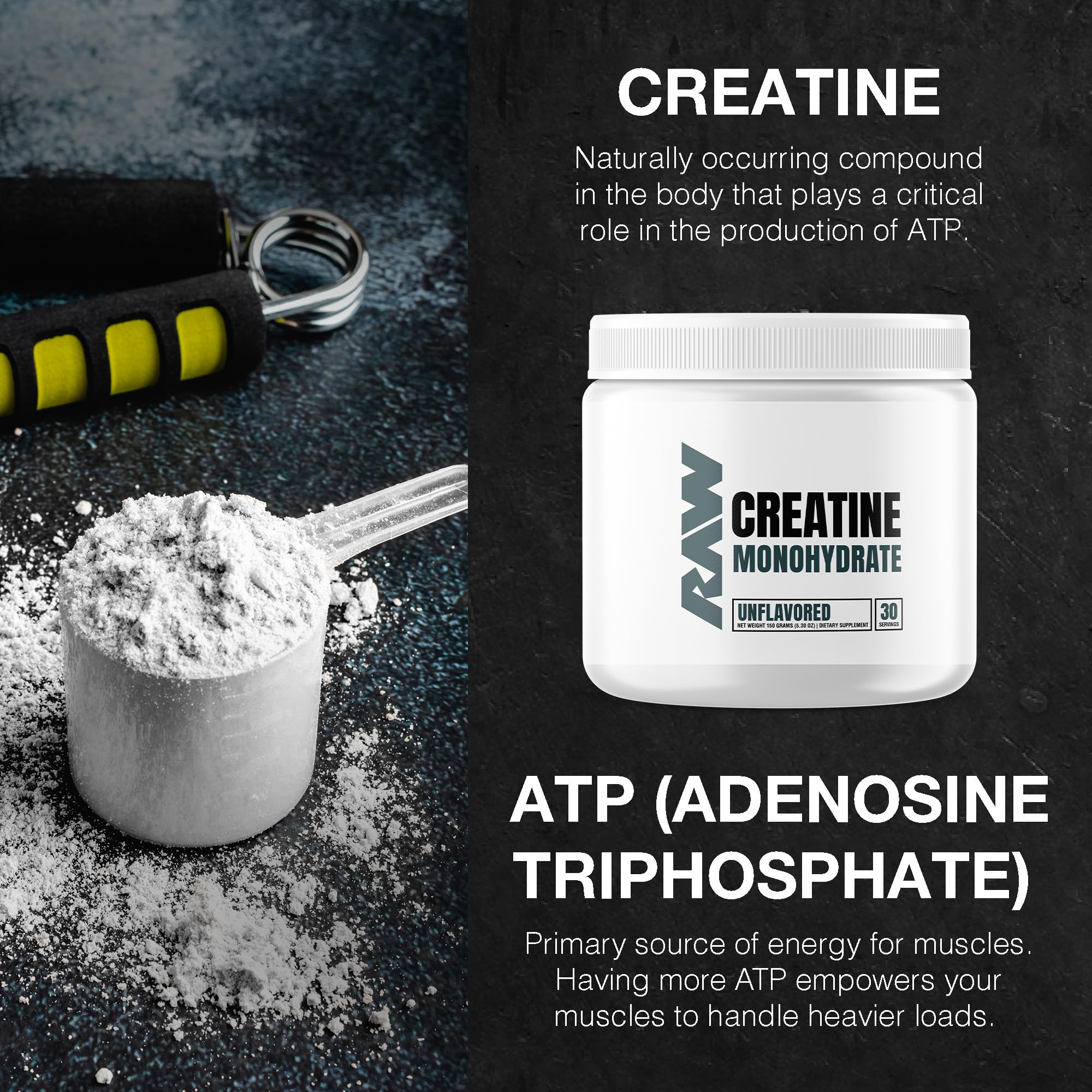 RAW Nutrition Creatina Monohidrato, envase de 150 g para uso diario seguro