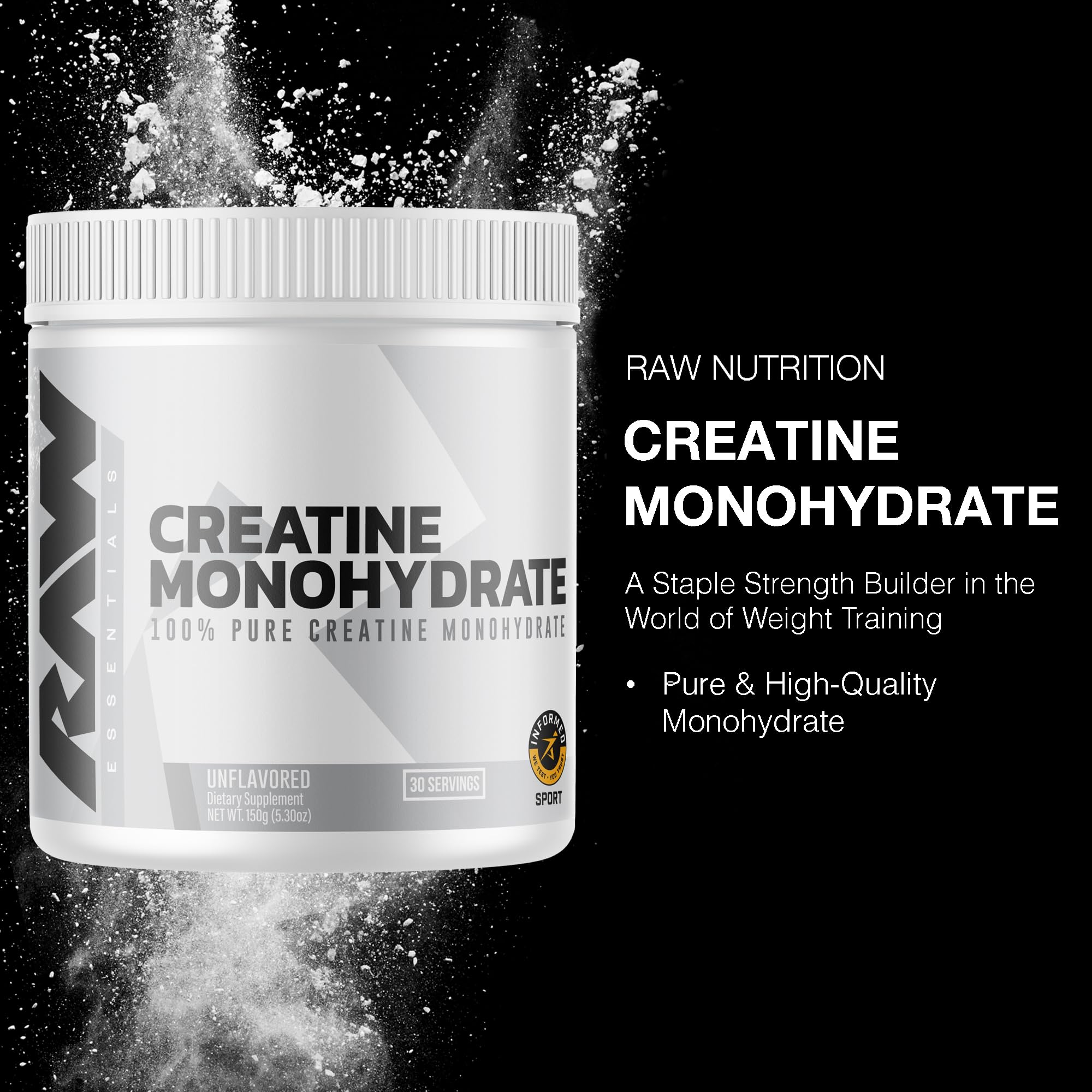 RAW Nutrition Creatina Monohidrato, taza medidora para dosis consistentes en cada sesión