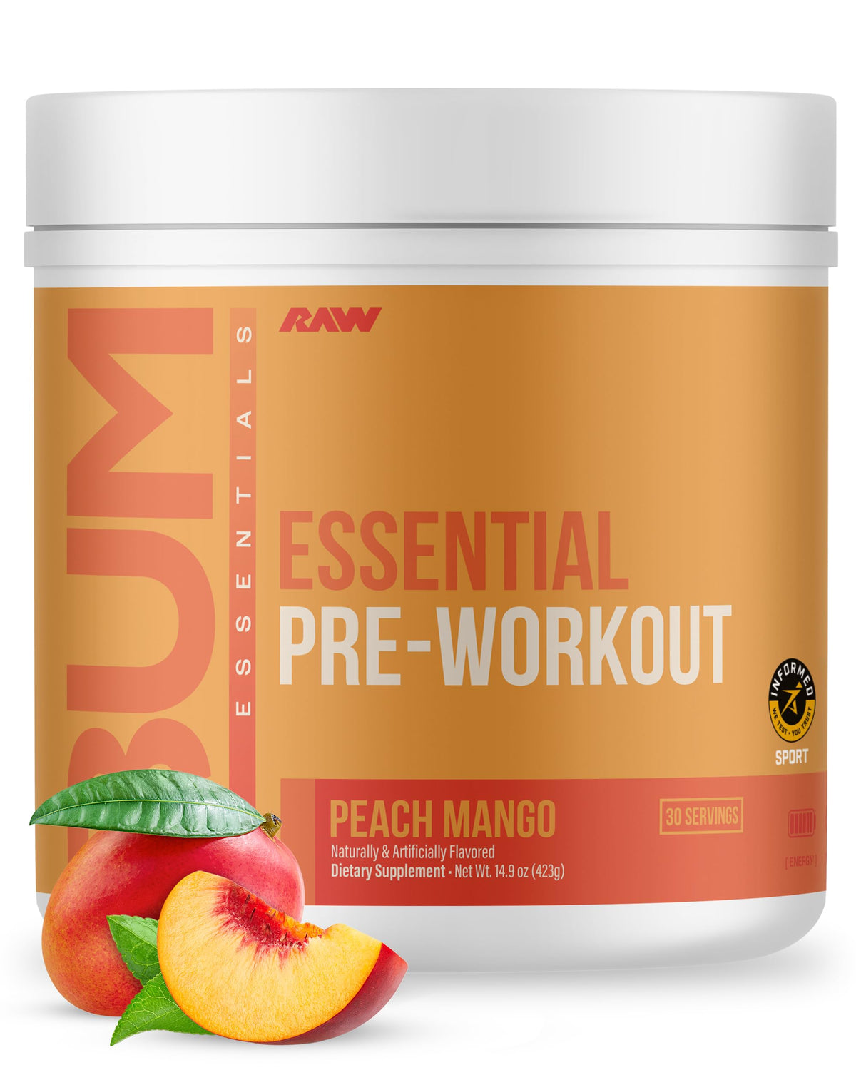 RAW Nutrition Esencial Pre durazno mango en frasco listo para entrenar