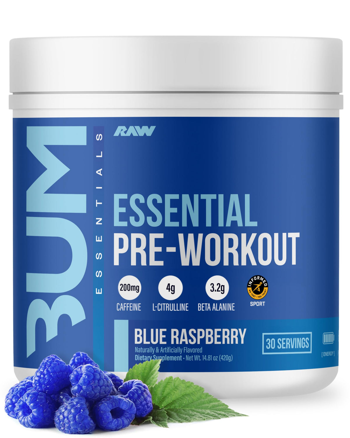 RAW Nutrition Essential Pre envase azul sabor fresa azul para entrenamiento