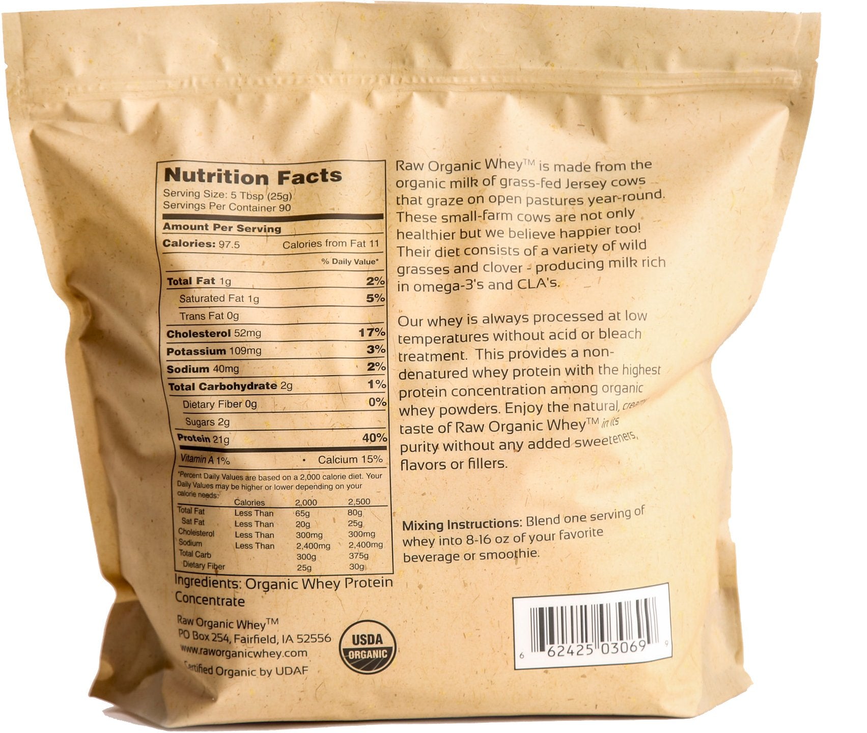 Raw Organic Whey bolsa sin aditivos para un suplemento proteico puro.
