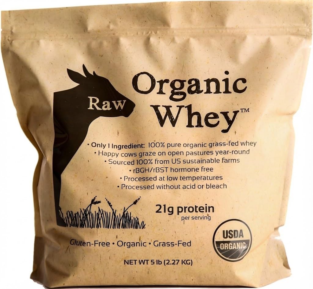 Raw Organic Whey en envase de 5 libras para batidos de entrenamiento.