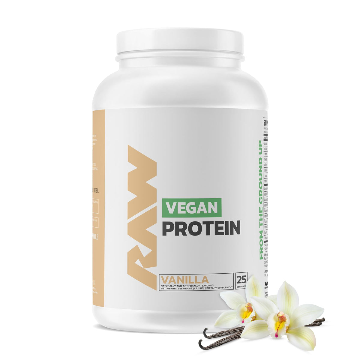RAW Proteína vegana vainilla con cuchara medida para batidos.