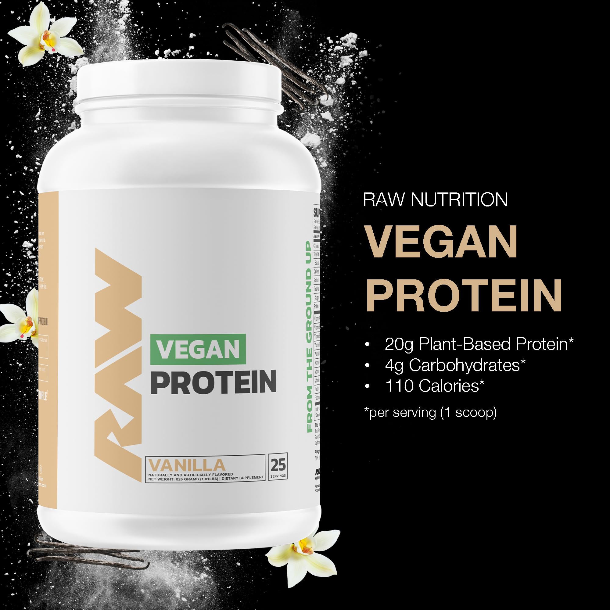 RAW Proteína vegana vainilla en envase de 25 porciones.