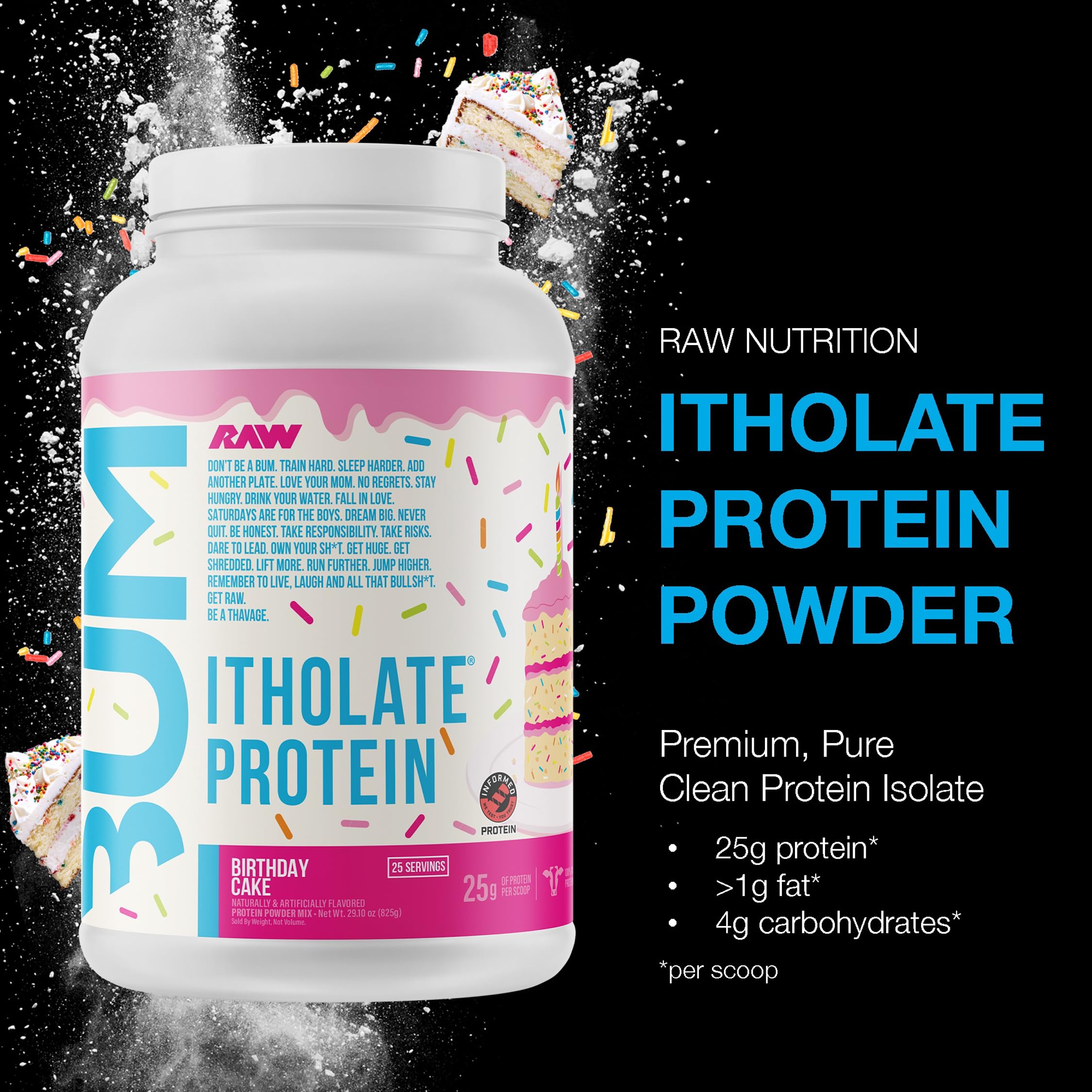 RAW Itholate proteina aislada de suero, cuchara medidora, porción de 25 g para entrenamientos diarios.