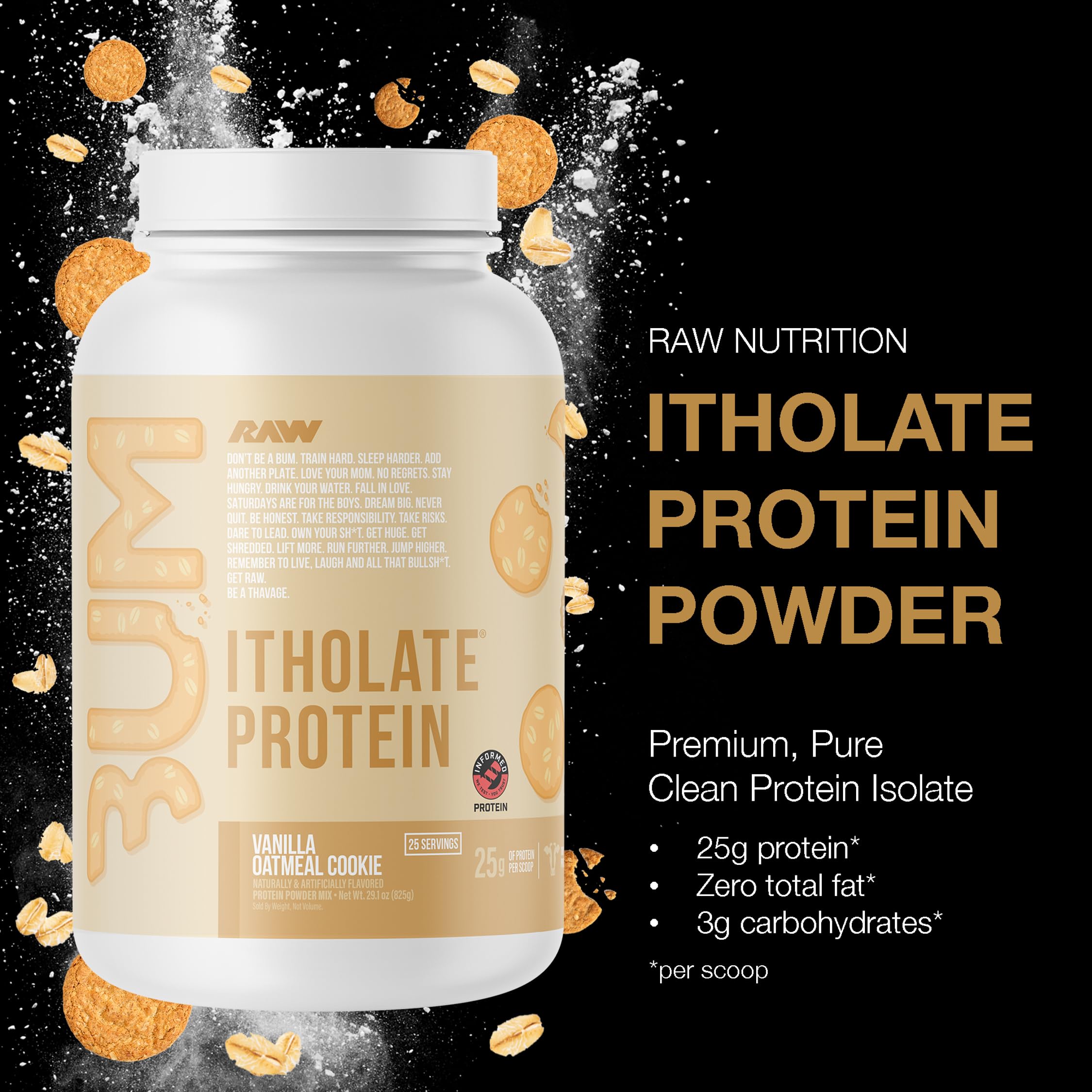 RAW Proteína aislada de suero etiqueta frontal, destaca calidad y formulación.