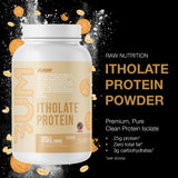 RAW Proteína aislada de suero etiqueta frontal, destaca calidad y formulación.