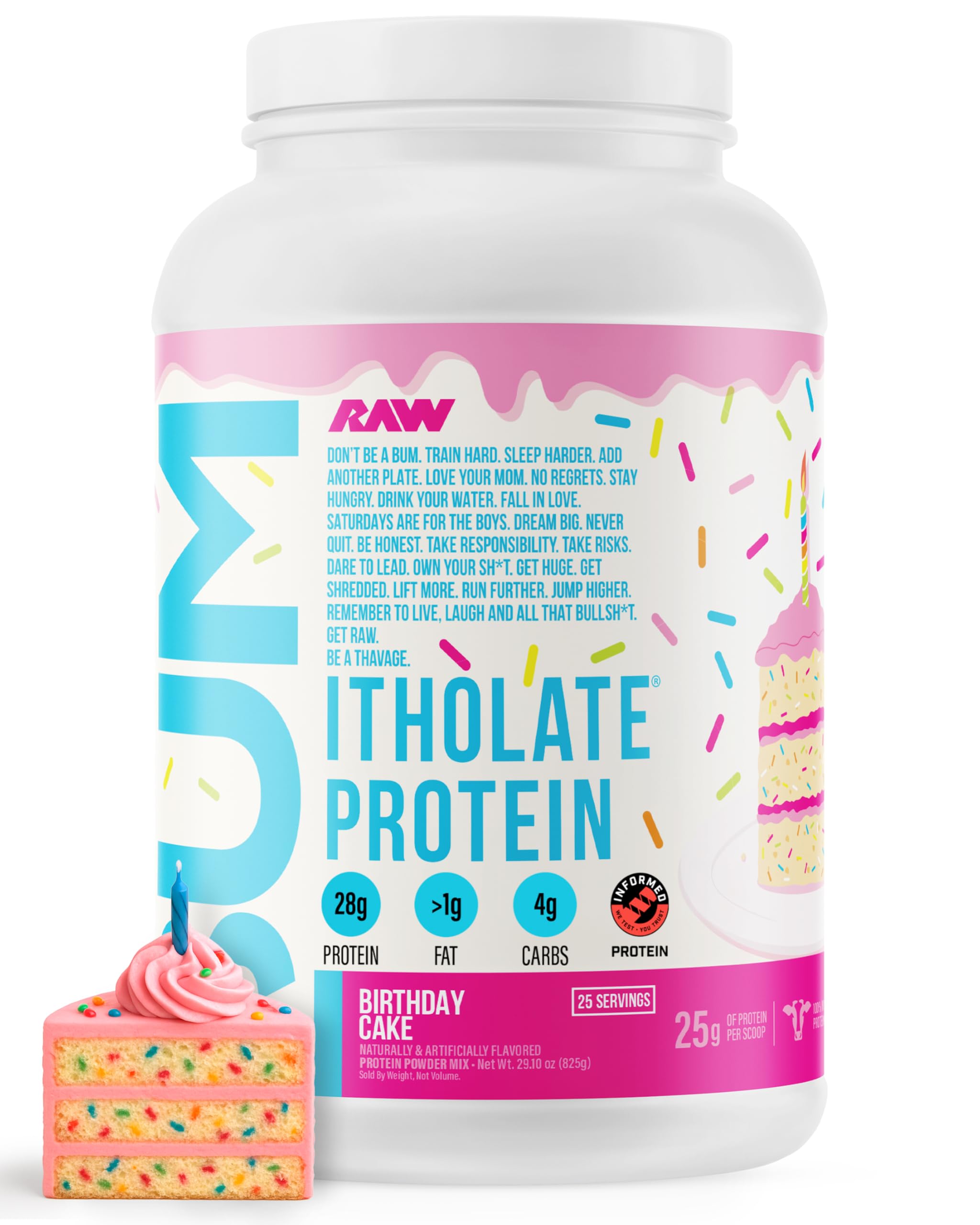 RAW Itholate proteina aislada de suero sabor Pastel de Cumpleaños en pote, ideal para entrenamientos intensos.