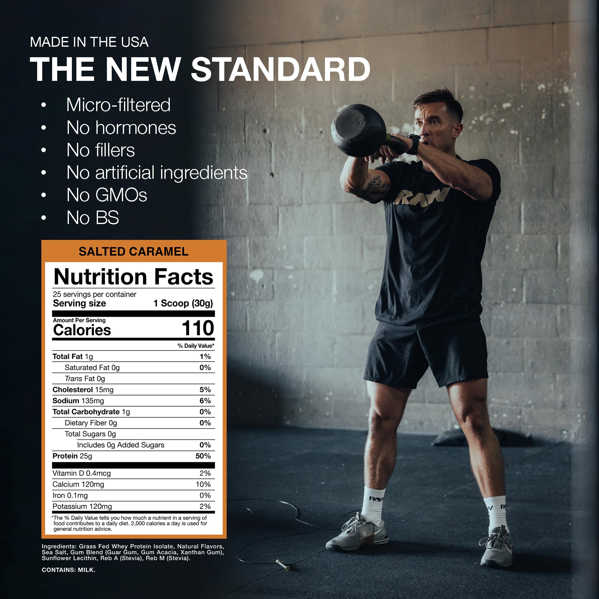 RAW Proteína Aislada de Suero, envase mostrado; conveniencia para entrenamientos.