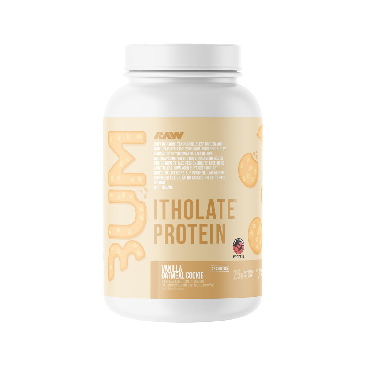 RAW Proteína aislada de suero en tarro, sabor vainilla avena, ideal para entrenamientos.