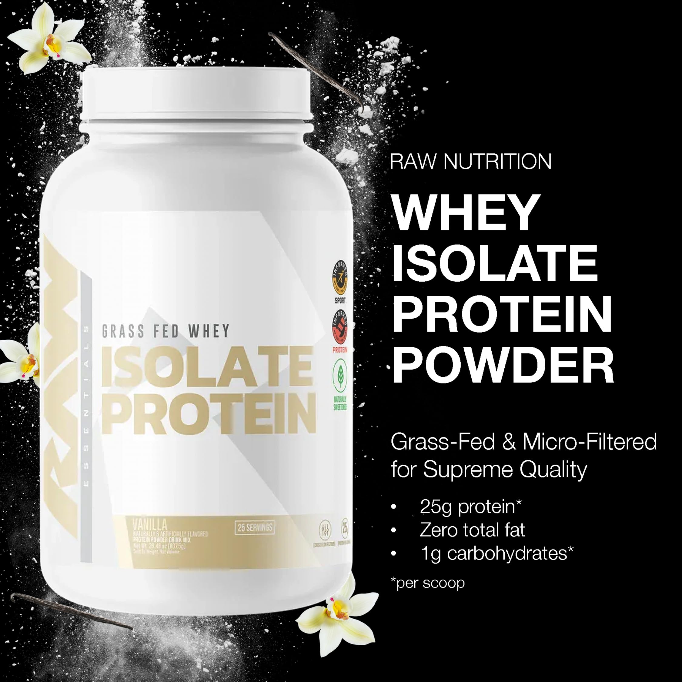 Etiqueta de RAW proteína aislada vainilla, destacando pureza y calidad