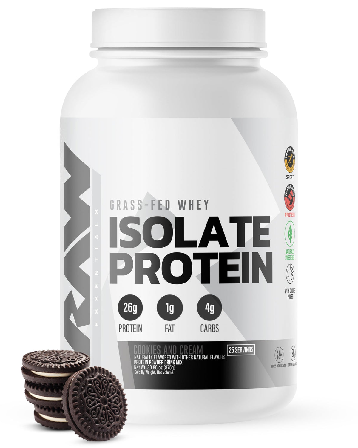 RAW Proteína de Suero Aislada en bote con sabor Galletas y Crema para recuperación posentrenamiento