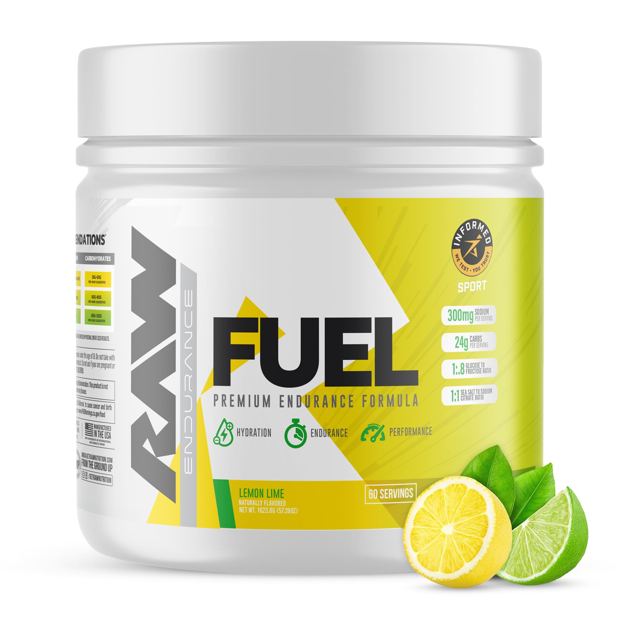 RAW Rendimiento limón-lima en pote para hidratación durante entrenamientos intensos.
