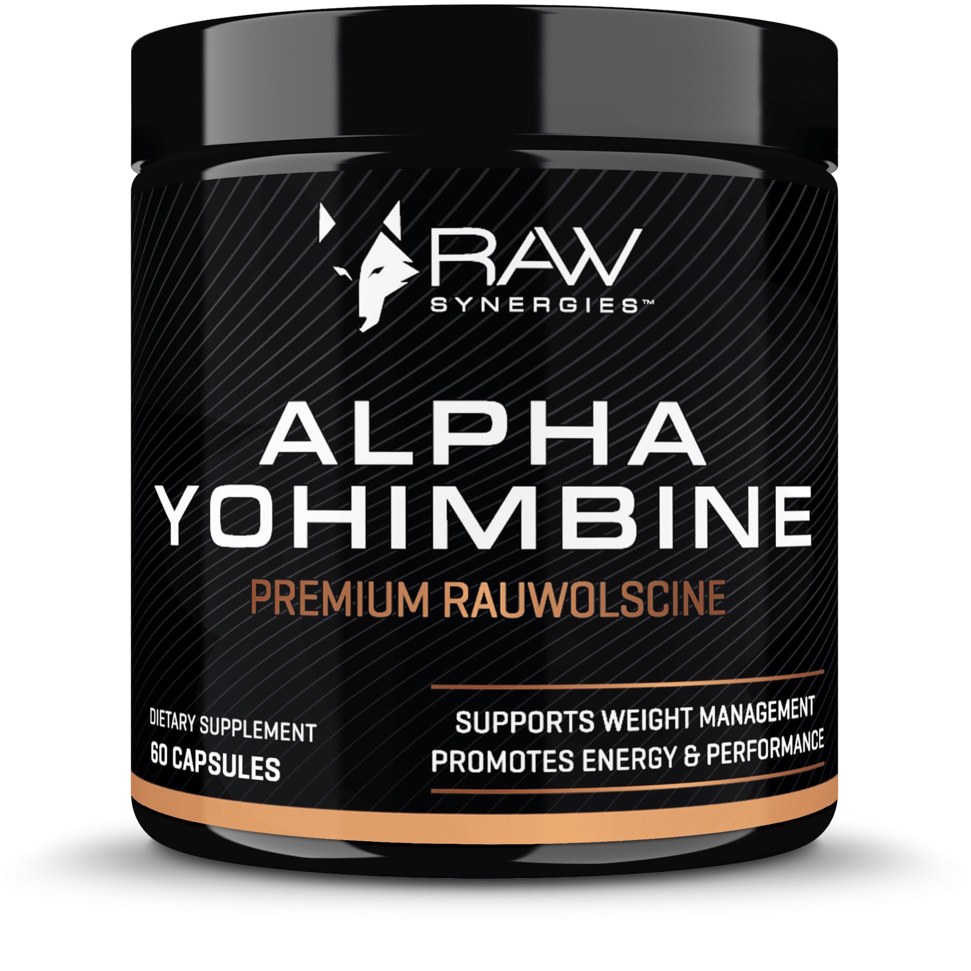 RAW Synergies Alpha Yohimbine, botella de cápsulas para energía sostenida y enfoque diario.