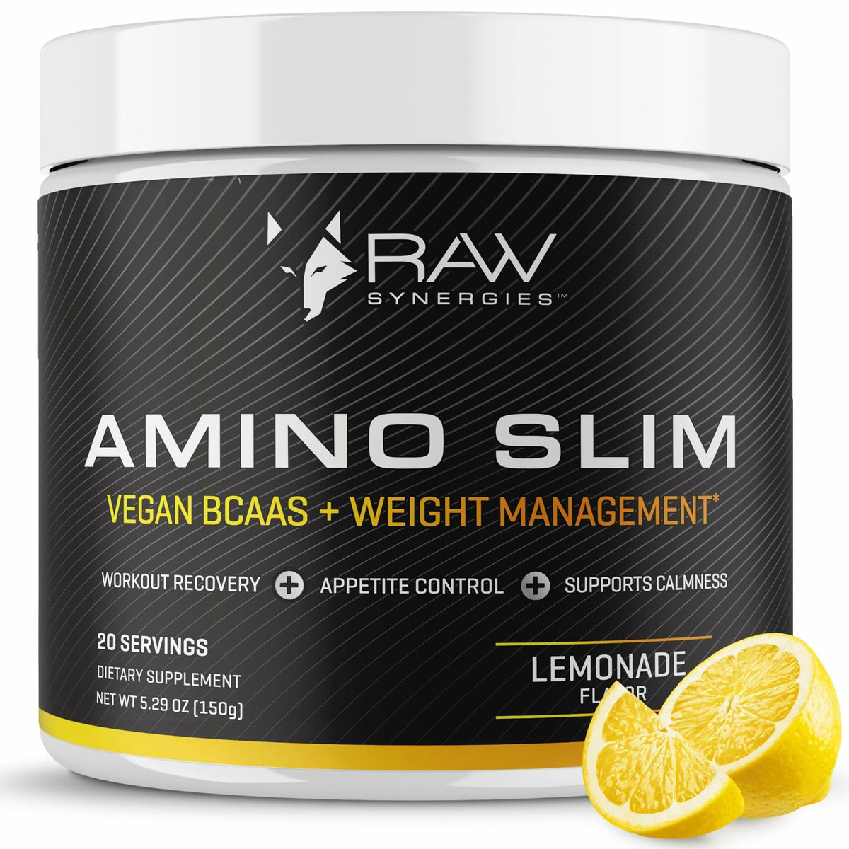 Amino Slim de RAW Synergies en bote limón, energía suave.