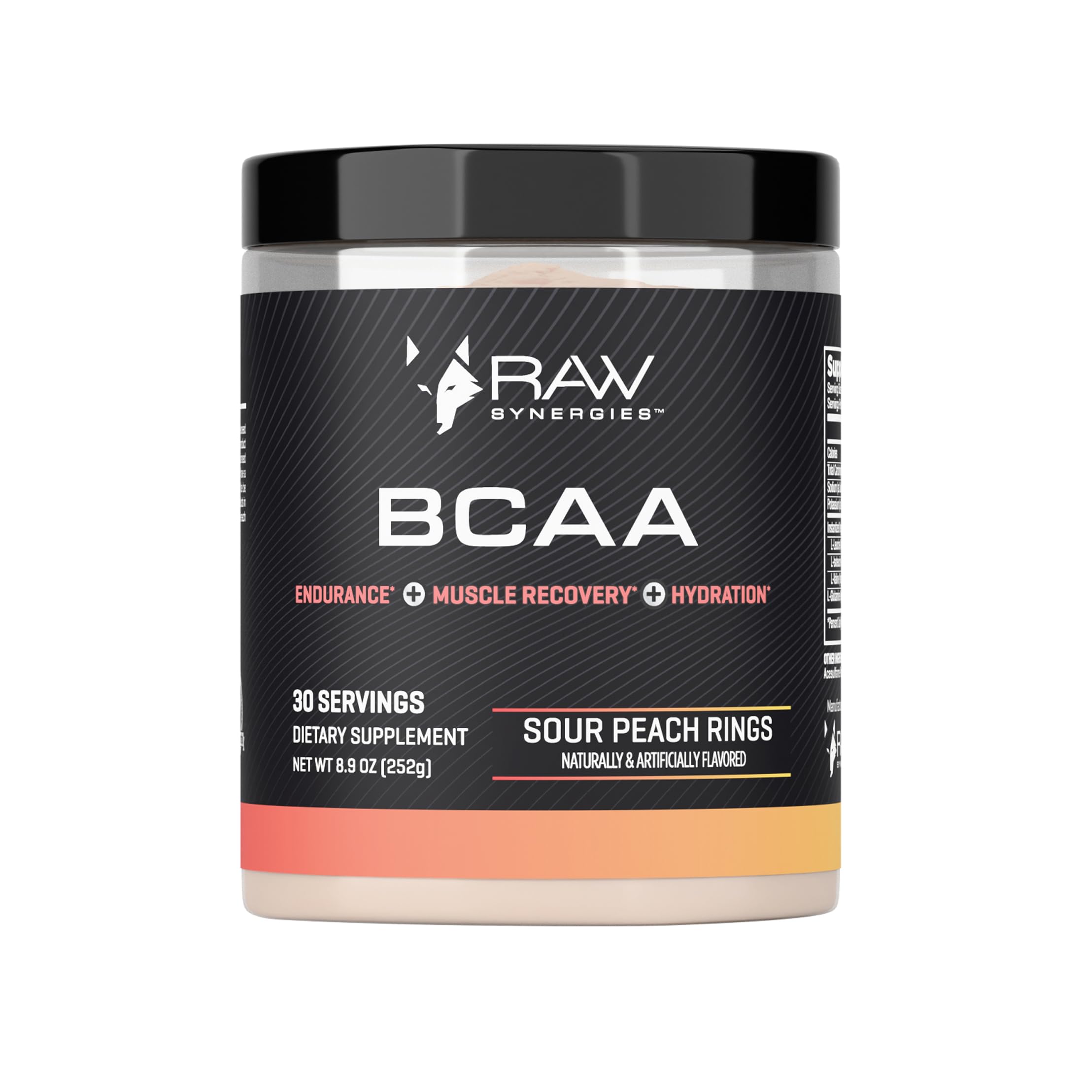 RAW Synergies BCAA Powder con cuchara medidora para apoyo a la recuperación muscular