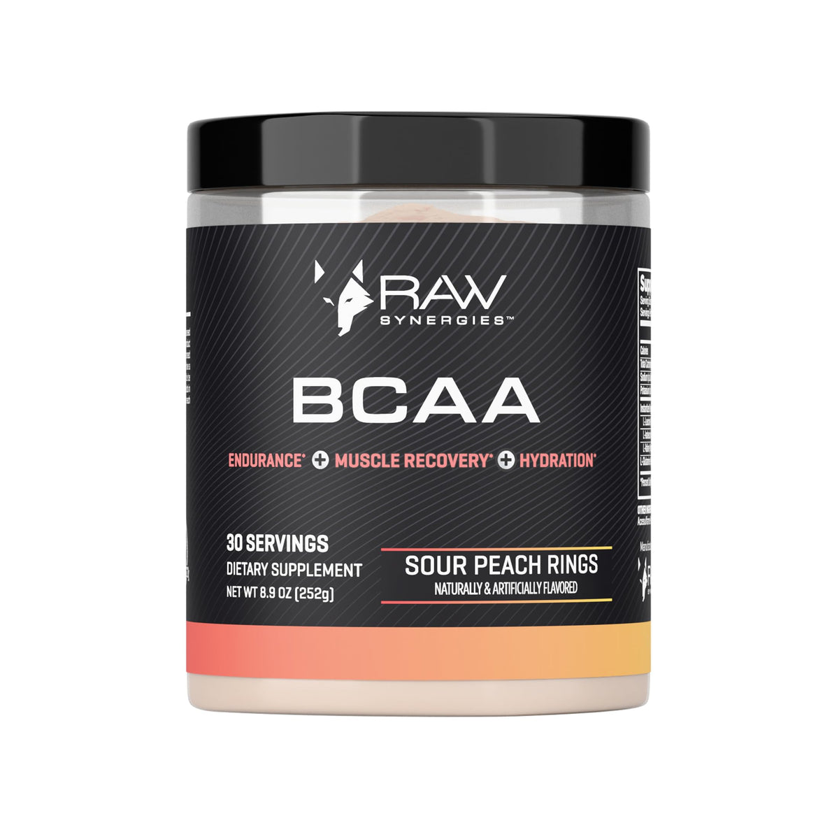 RAW Synergies BCAA Powder con cuchara medidora para apoyo a la recuperación muscular