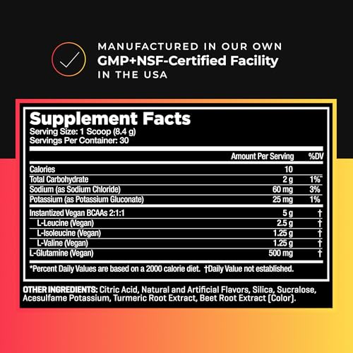 Etiqueta vegana de RAW Synergies BCAA Powder, aminoácidos 2:1:1 para uso diario