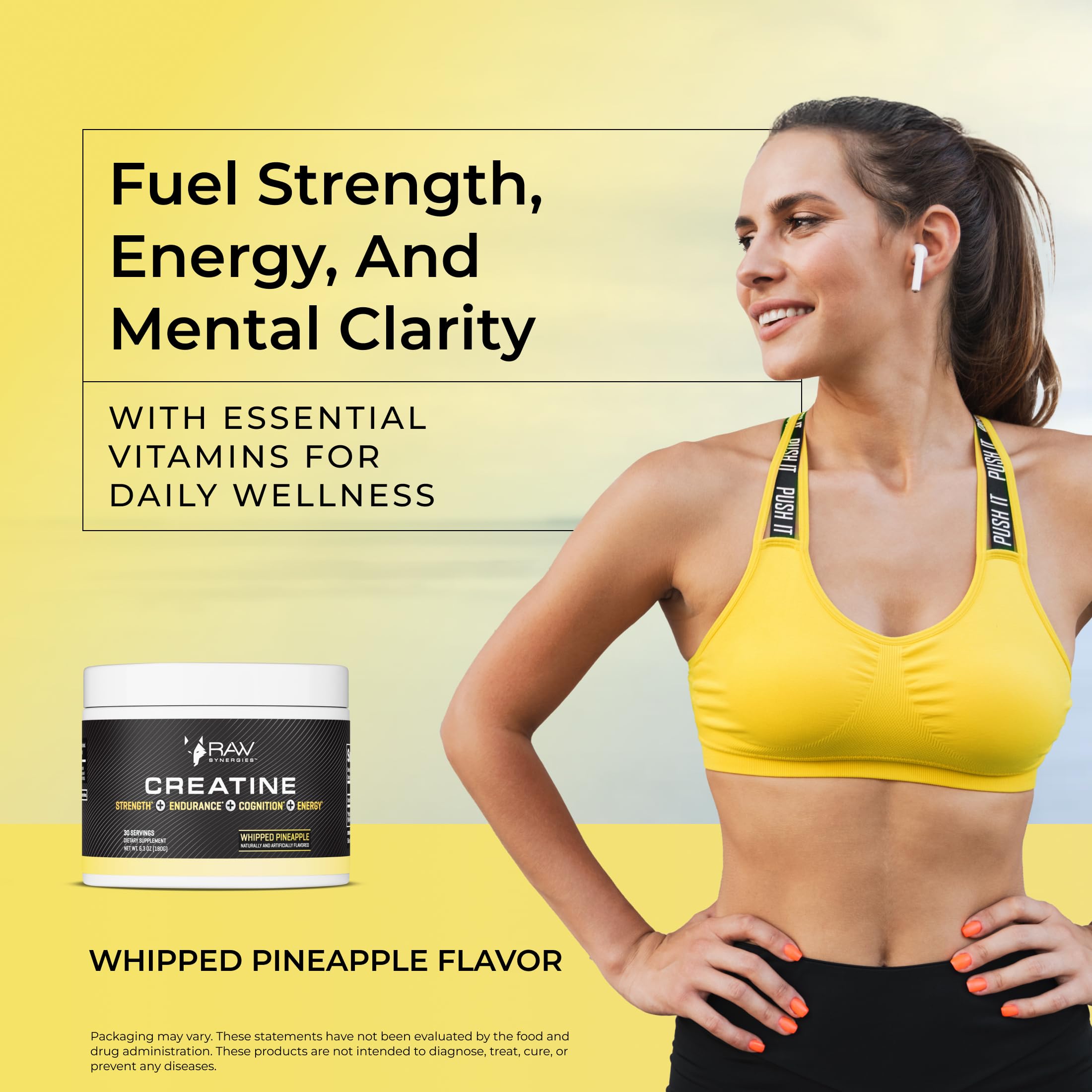 RAW Synergies Creatine Whipped Pineapple – cuchara medidora lista para batidos de recuperación.