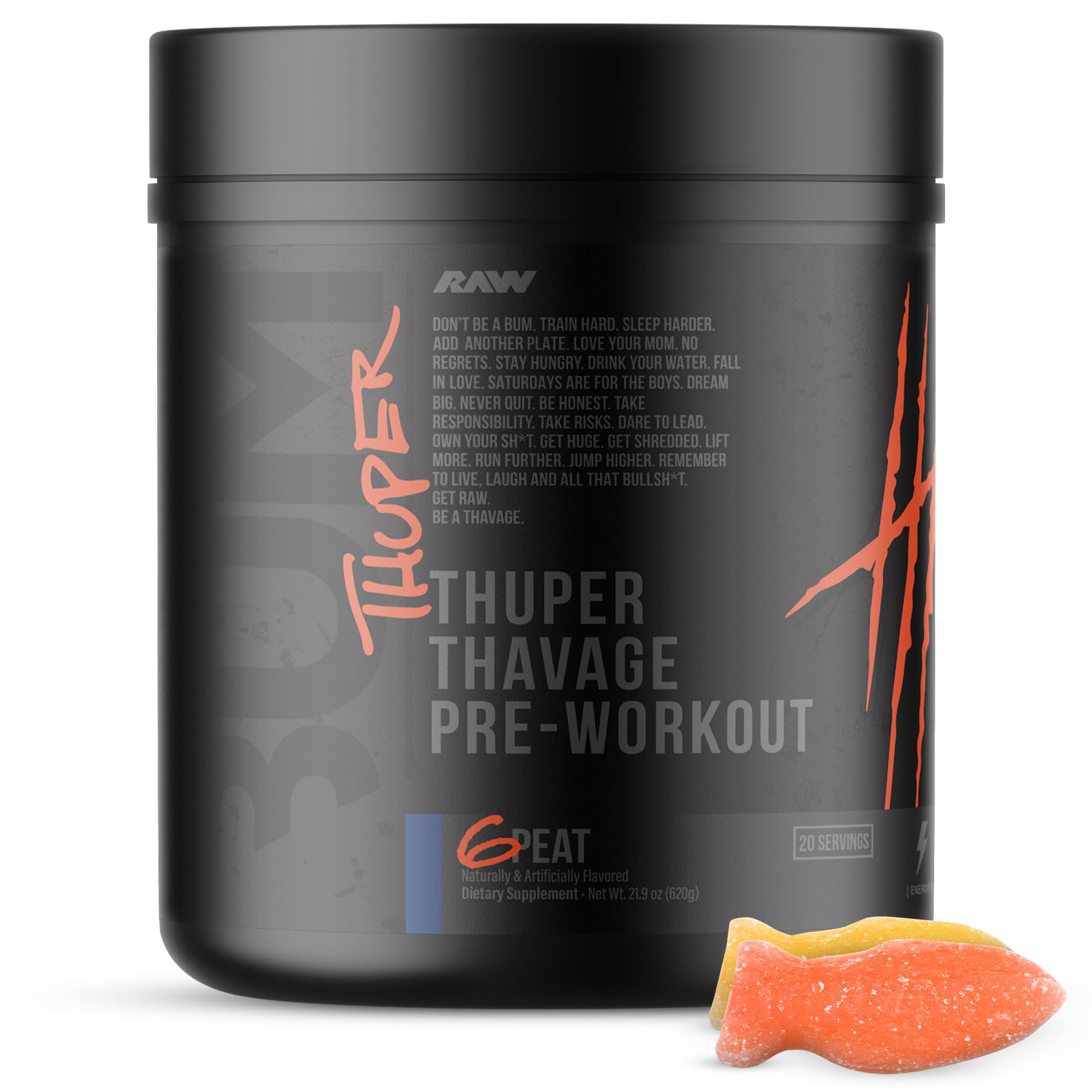 RAW Thuper Thavage 6Peat, lata energizante para entrenamientos intensos.