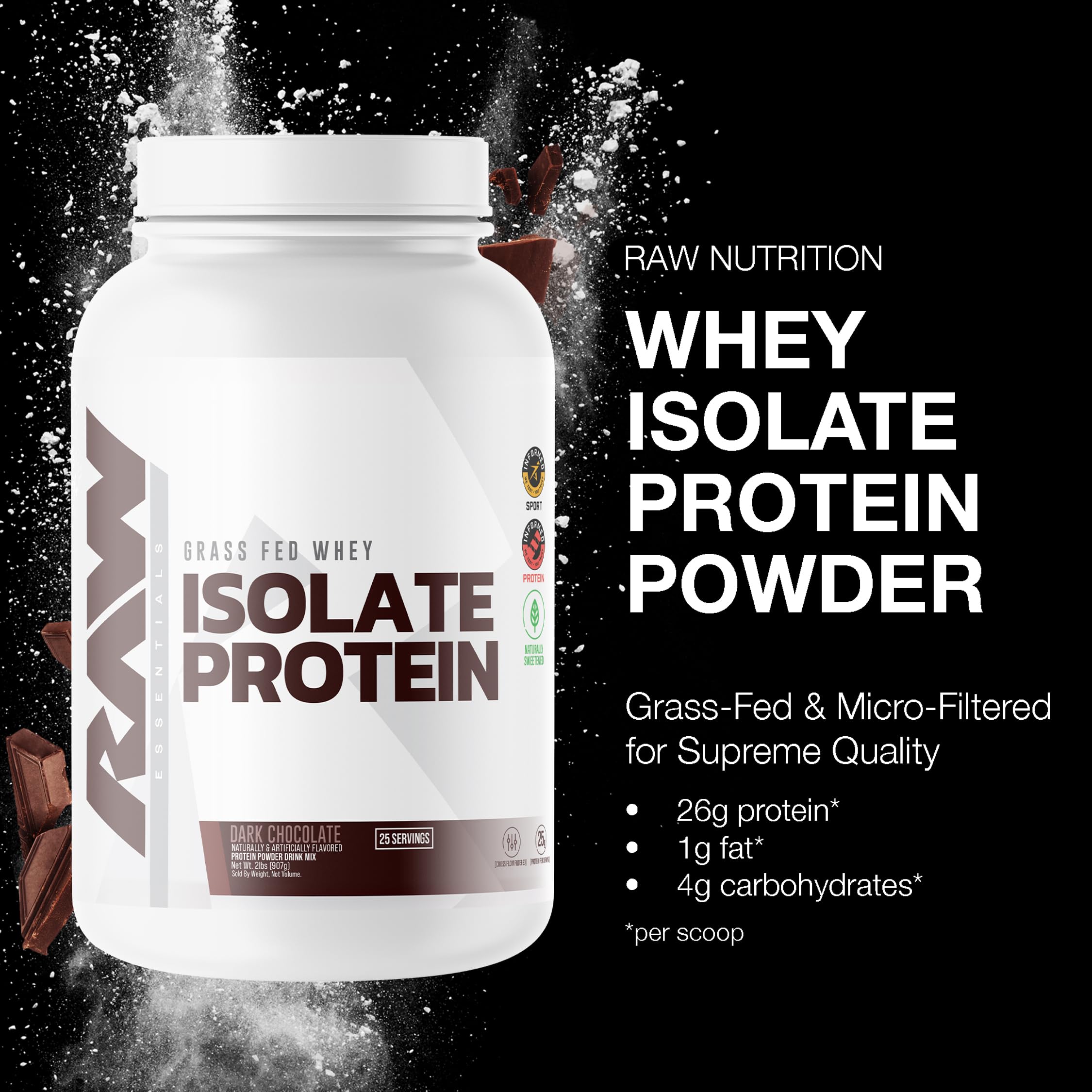 RAW Whey Isolate con 25 porciones en bolsa, conveniente para entrenamientos