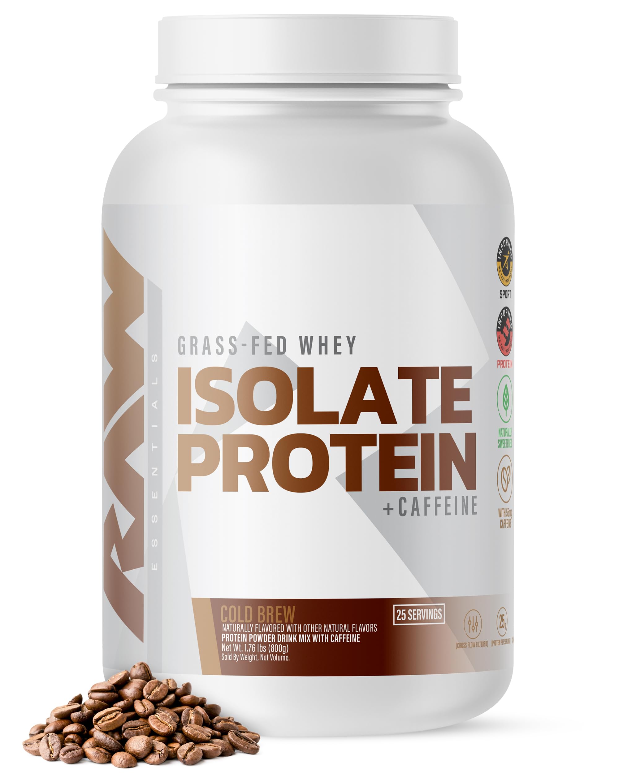 RAW Whey Isolate cafe-frio envase demuestra proteína de rápida absorción para entrenamiento