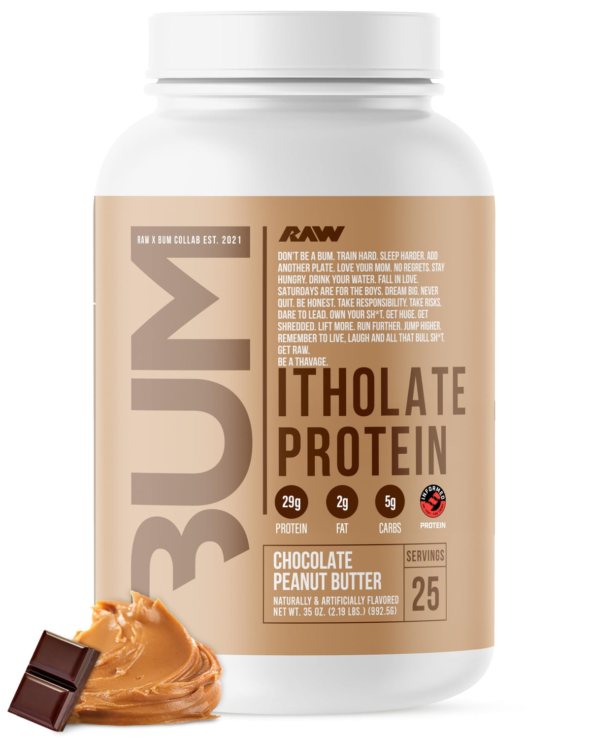 RAW Whey Isolate, polvo chocolate cacahuete, sabor intenso para entrenos y recuperación.