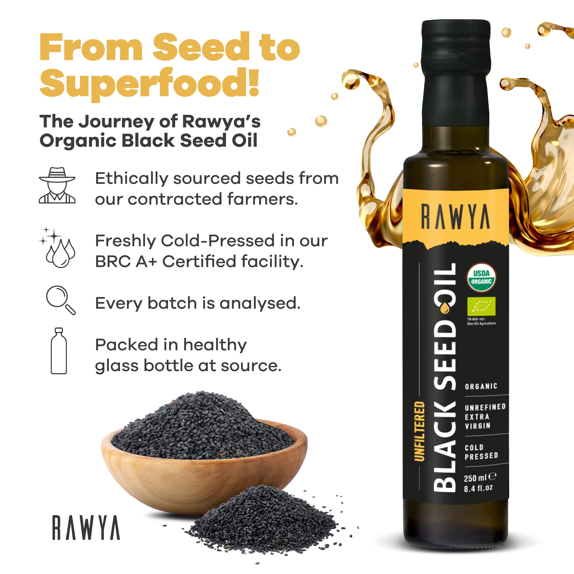 RAWYA Aceite de semilla negra, botella de vidrio, aroma intenso para condimentos.