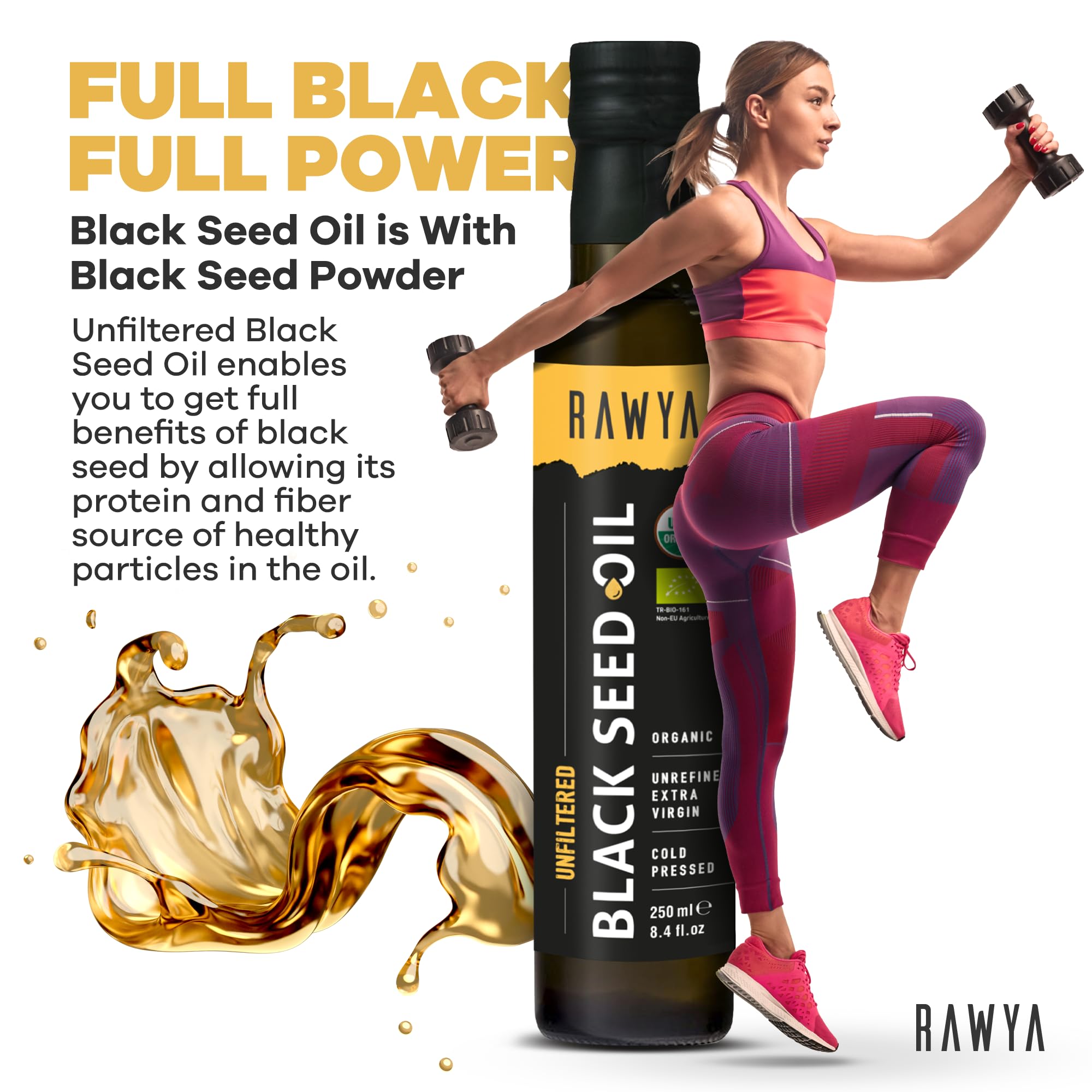 RAWYA Aceite de semilla negra, textura rica, ideal para cuidado de piel.
