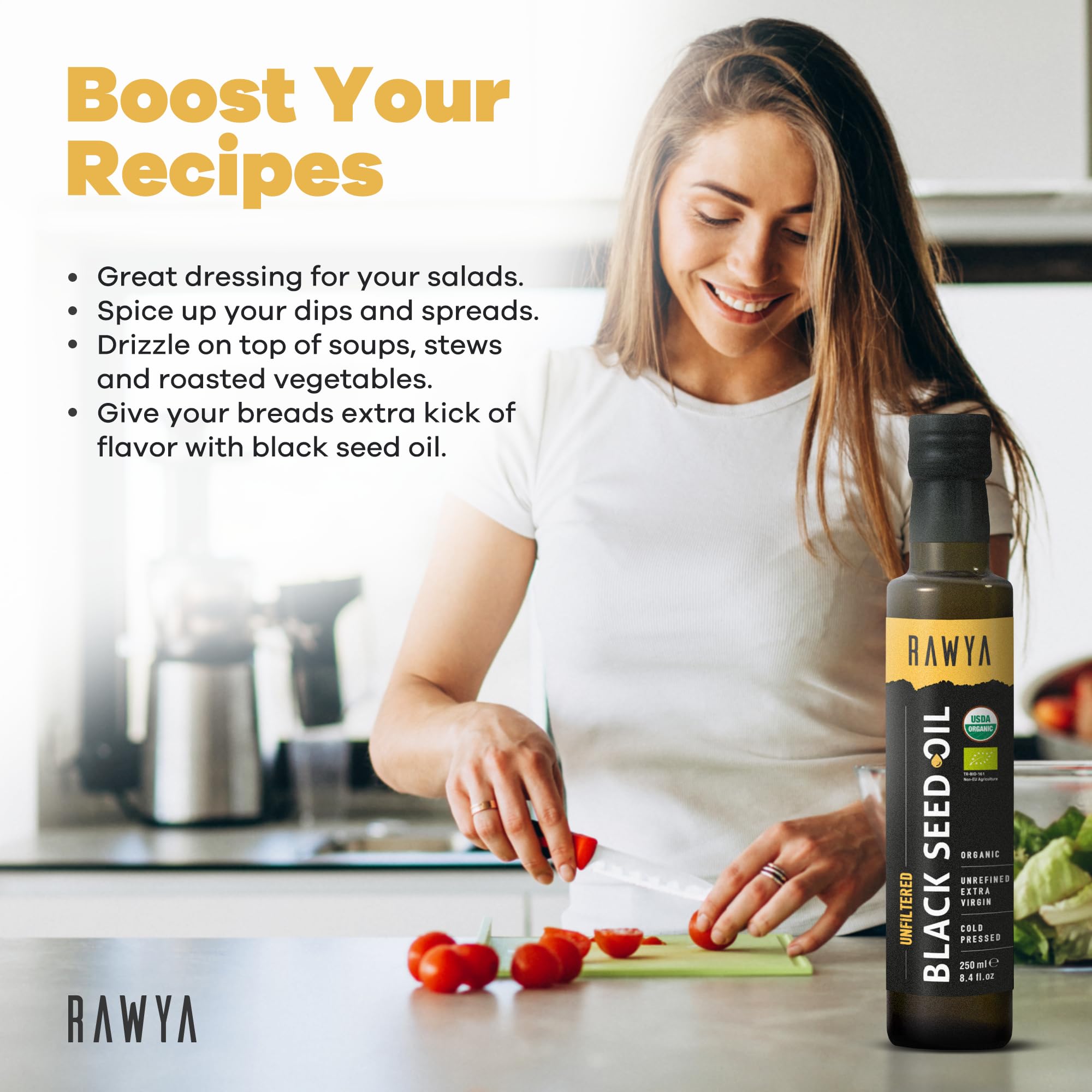 RAWYA Uso culinario del aceite de semilla negra, añade sabor y nutrientes.