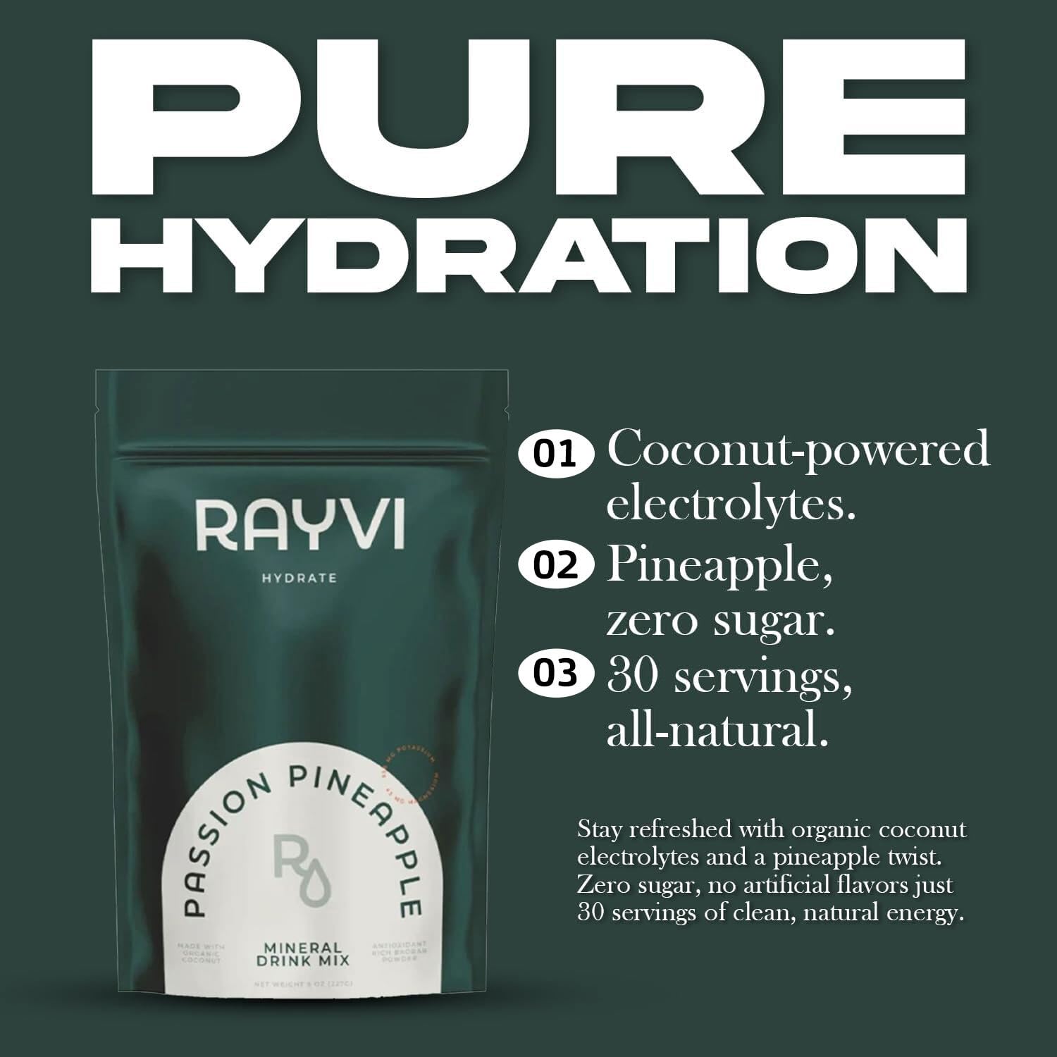 Rayvi ingredientes naturales, mezcla de frutas y coco para hidratación.