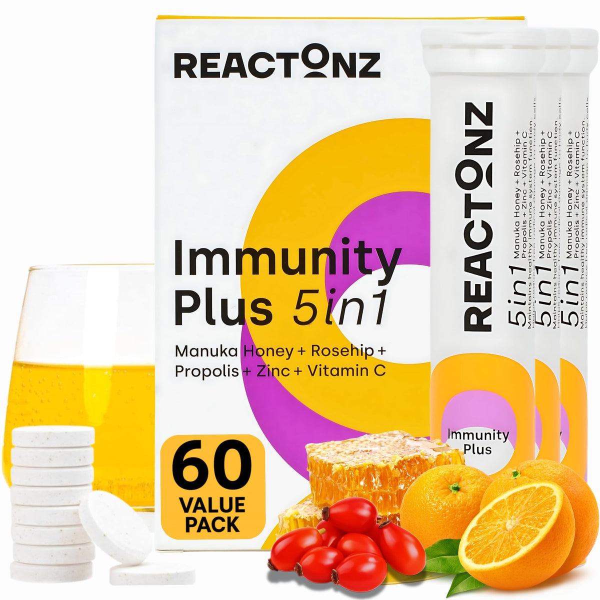 REACTONZ Immunity Plus en caja, práctico para almacenamiento diario.