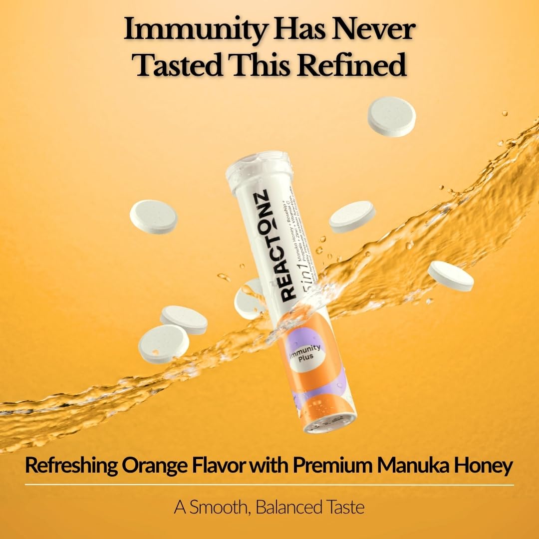 REACTONZ Immunity Plus con miel de manuka, propóleo y sabor natural.