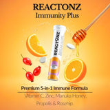 REACTONZ Immunity Plus tabletas efervescentes disolviéndose en agua para empezar el día.