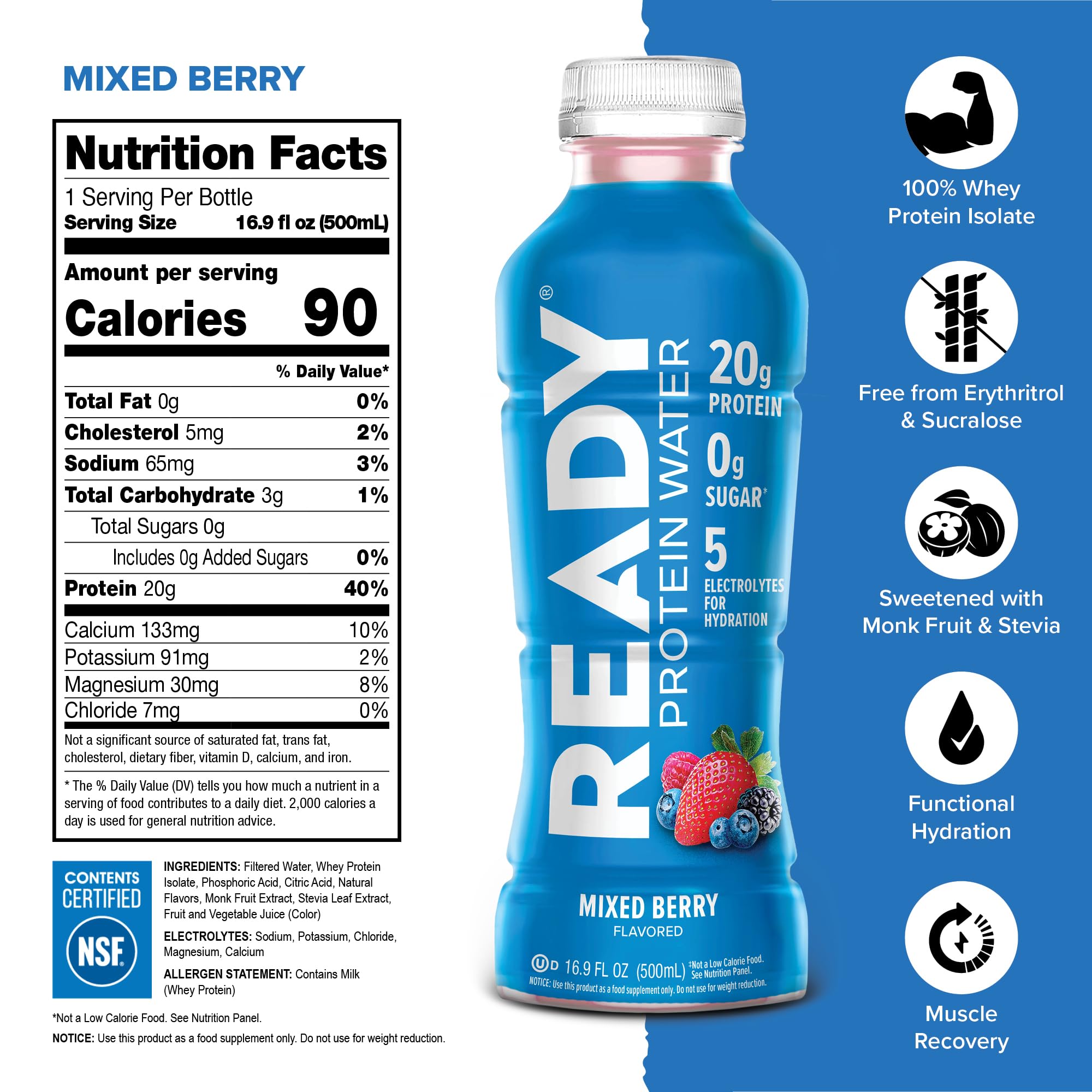Ready agua proteica clara etiqueta Frutos Rojos Mixtos y hidratación