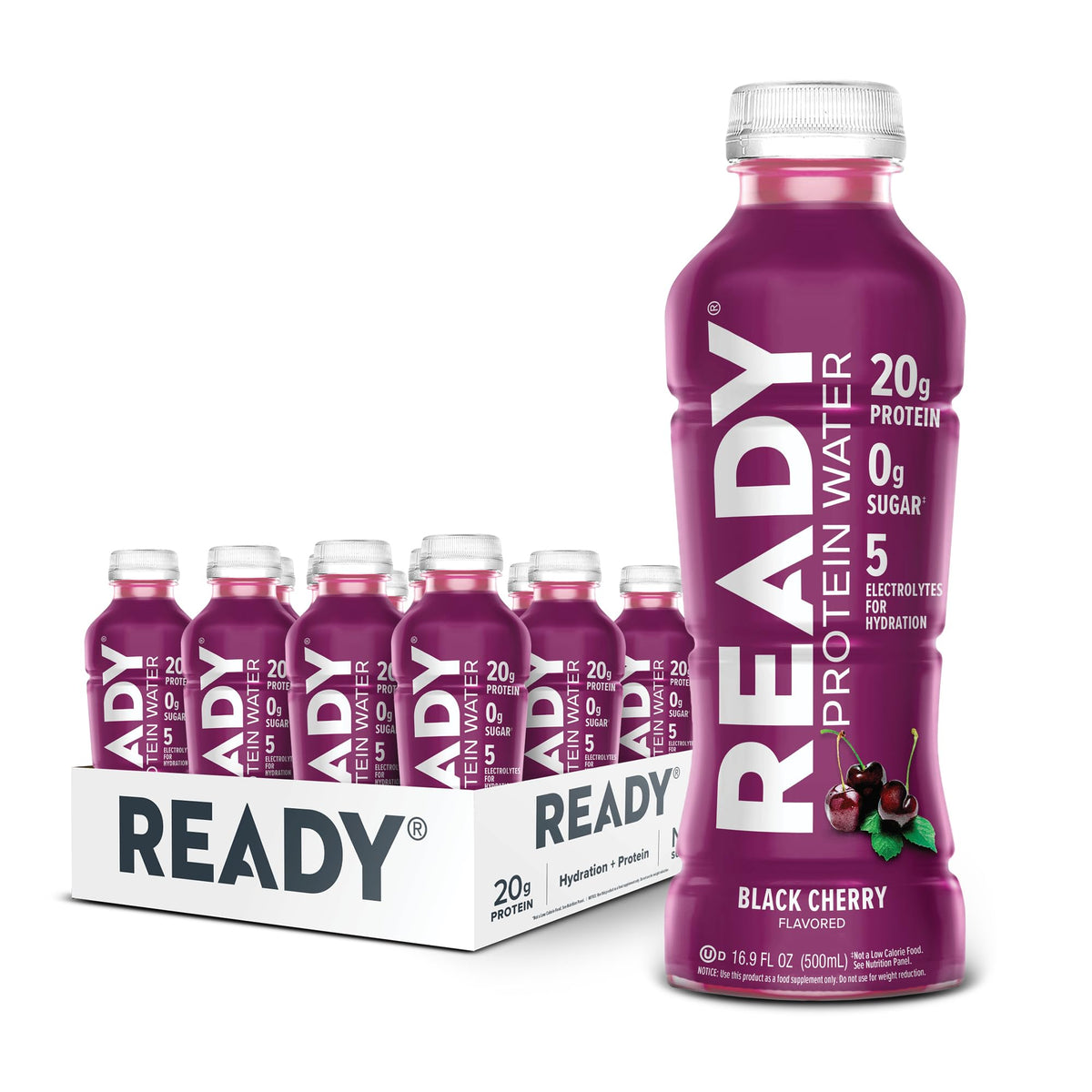 Ready Proteína Agua Clara: botella vertiendo para hidratación rápida tras entreno