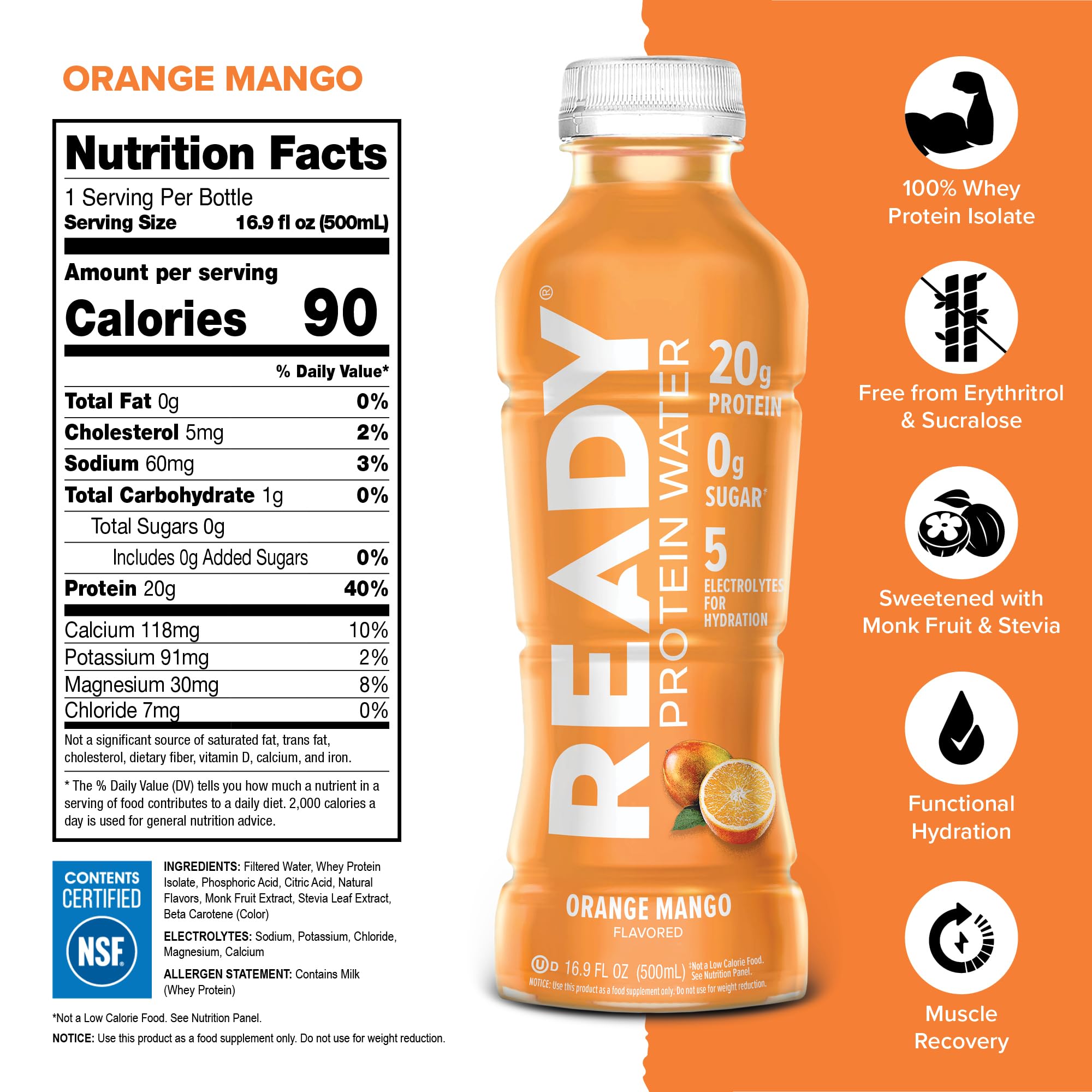 Ready Botella de proteína clara naranja mango vertida sobre hielo para hidratación