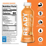 Ready Botella de proteína clara naranja mango vertida sobre hielo para hidratación