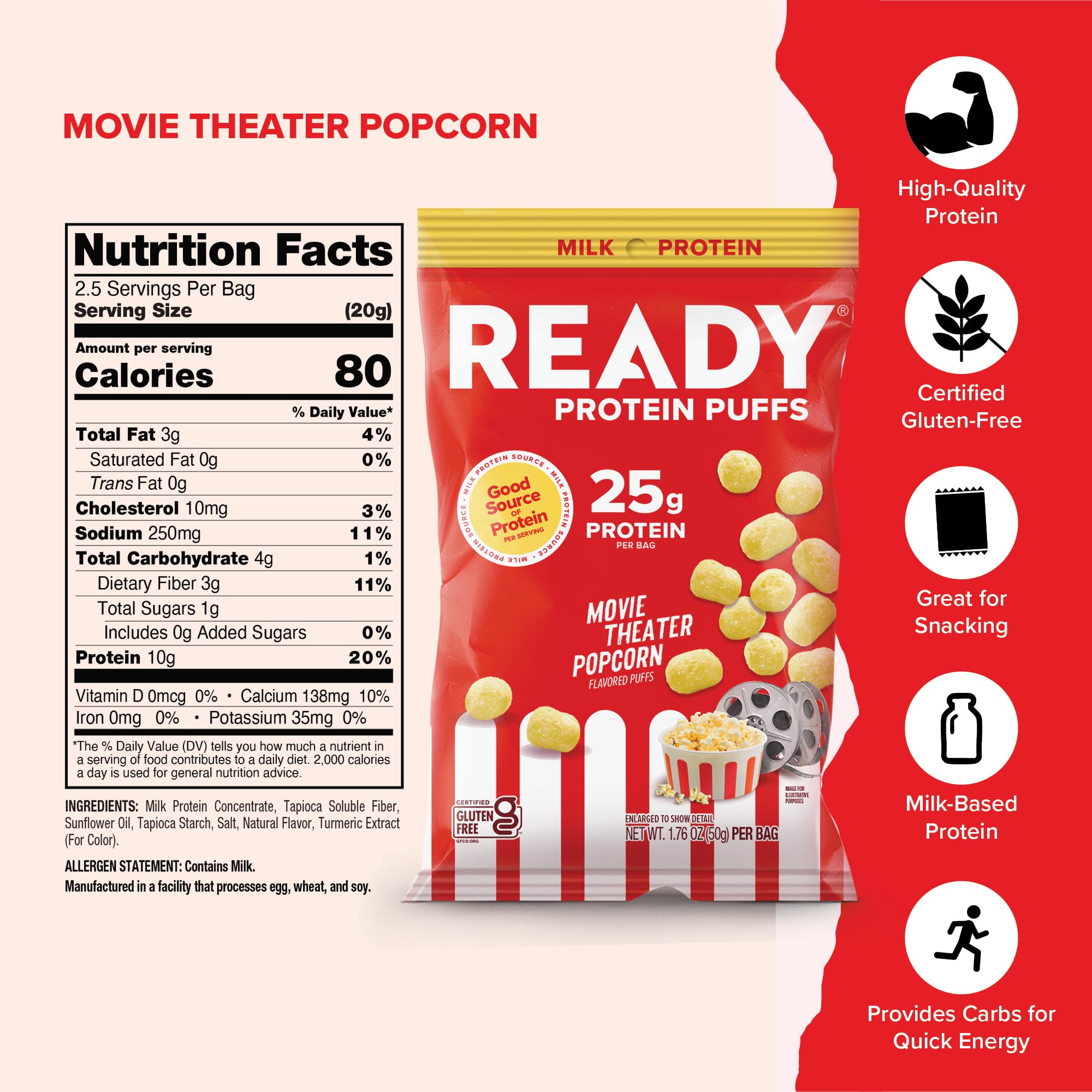 Ready Protein Puffs bolsa 2,5 oz, snack proteico práctico para llevar.