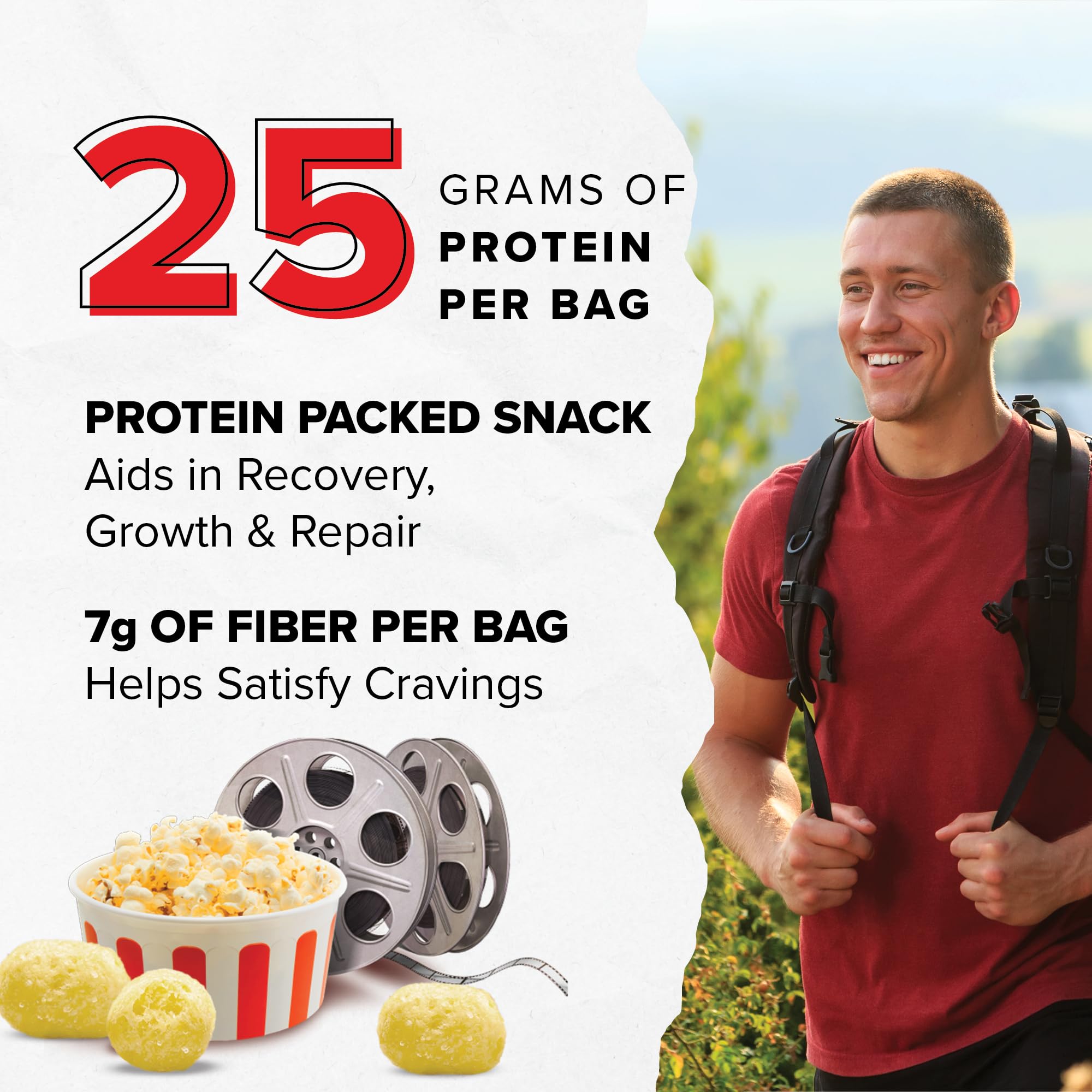 Caja con seis bolsas Ready Protein Puffs, snack proteico para el día.