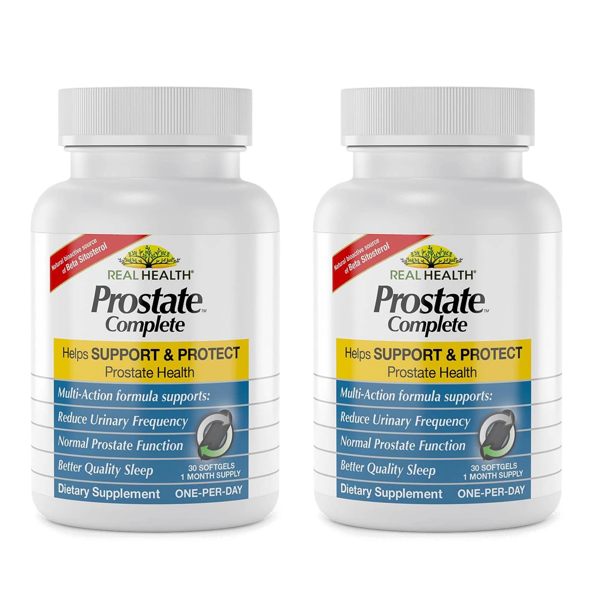 Real Health Prostate Complete: botella de cápsulas blandas para uso diario.