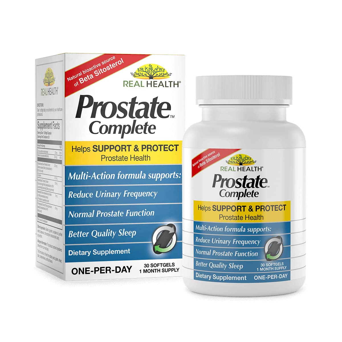 Real Health Prostate Complete botella de suplemento, apoyo diario a la salud prostática