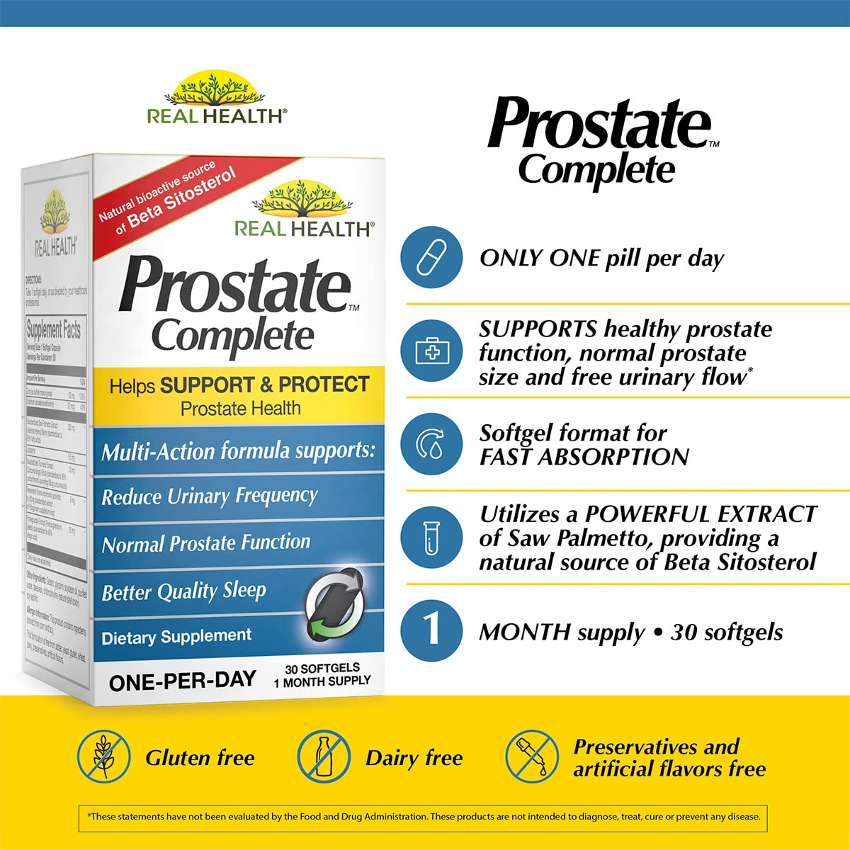 Real Health Prostate Complete cápsula, toma diaria para comodidad urinaria