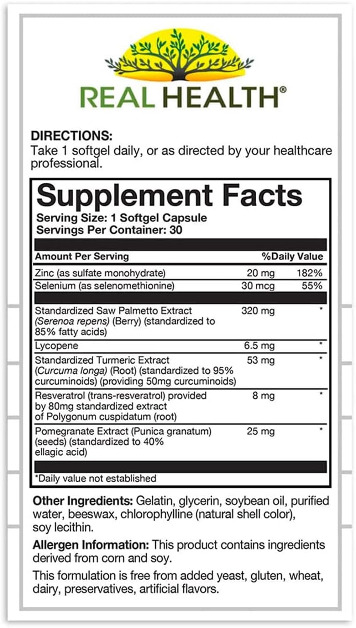 Real Health Prostate Complete: dosis diaria recomendada en envase de 30 cápsulas.