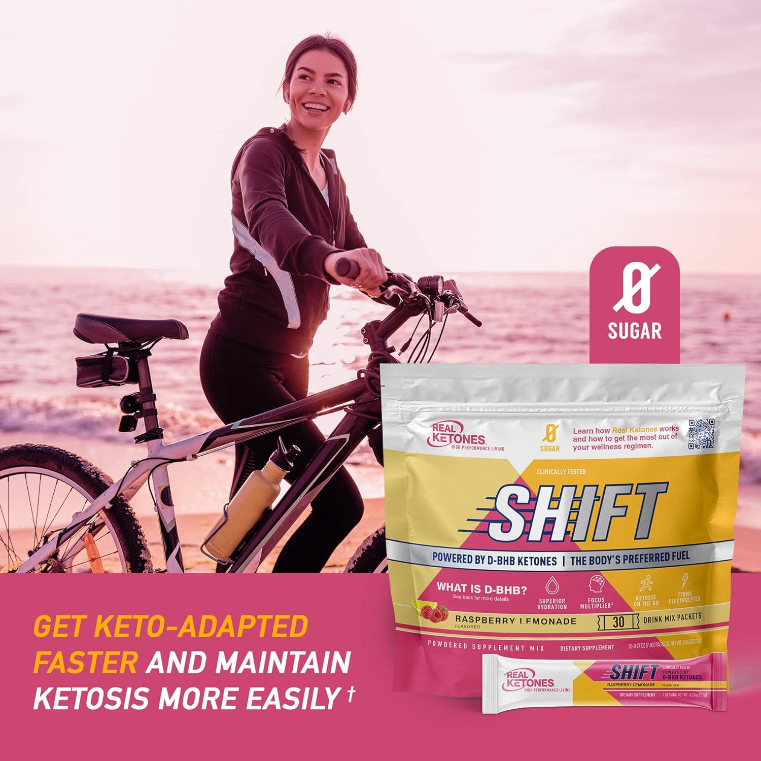 Real Ketones BHB Exógeno, paquetes frambuesa-limonada para hidratación diaria.