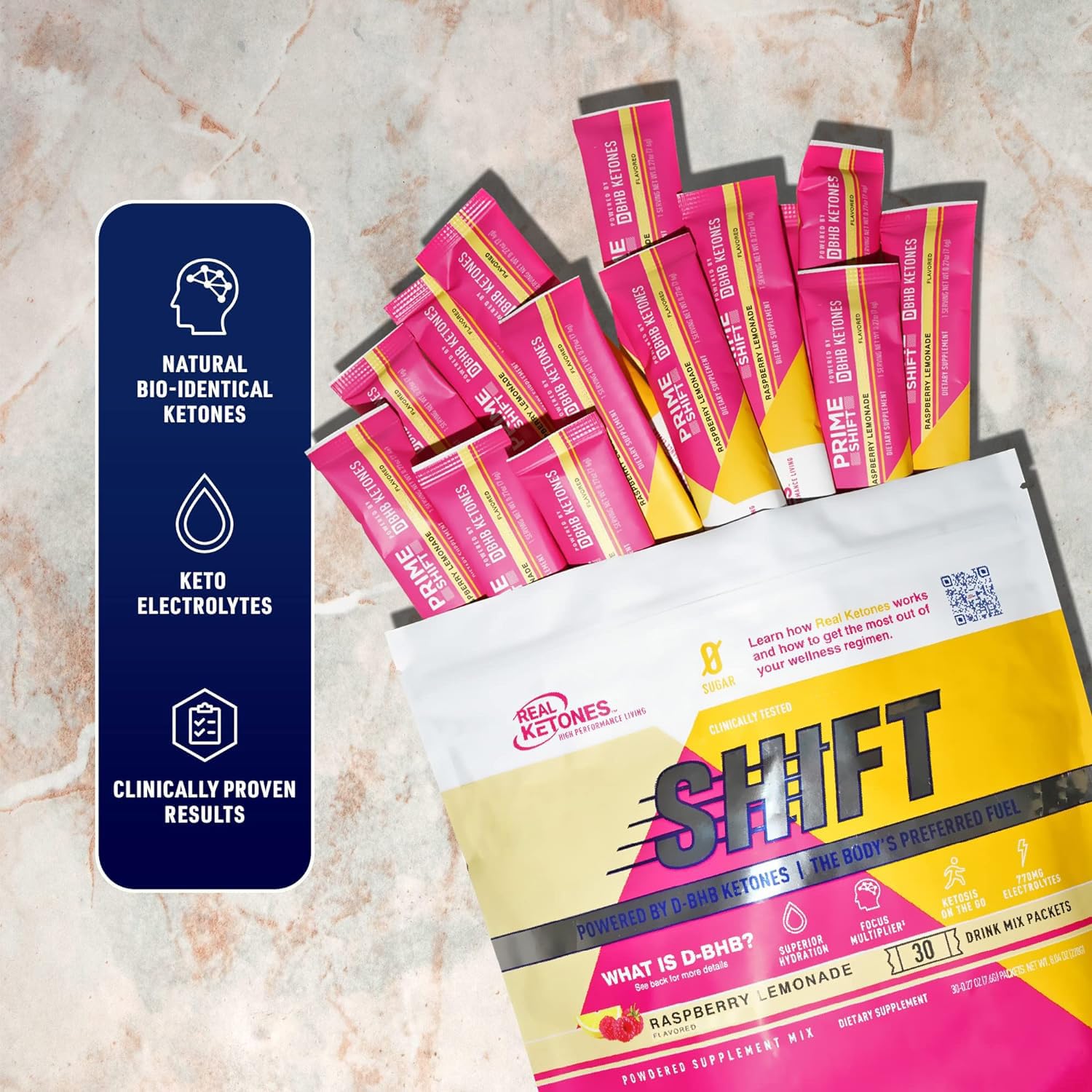 Real Ketones BHB Exógeno, paquetes frambuesa-limonada para ayudar a controlar antojos.
